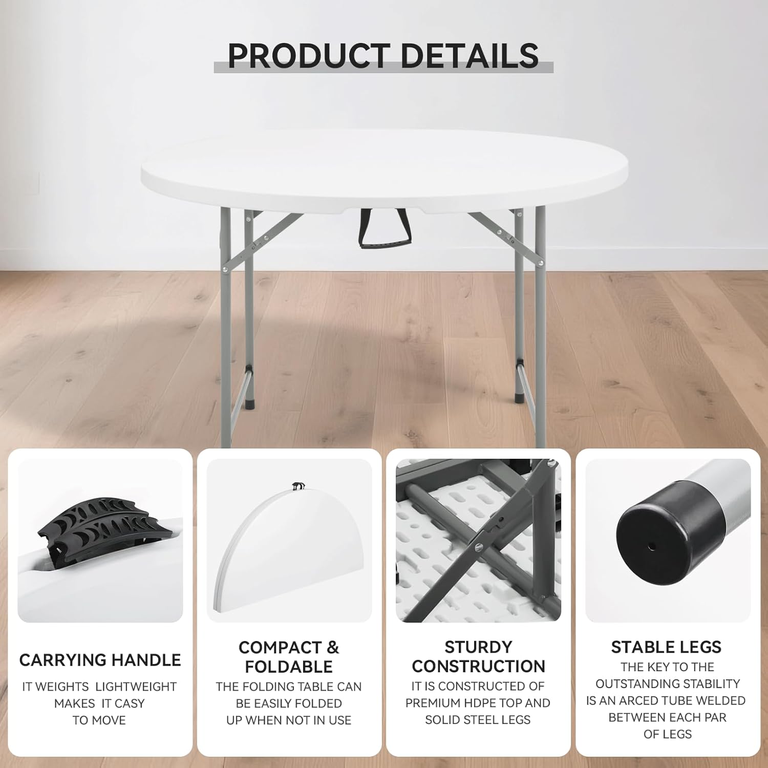 65" Round Folding Table, Collapsible Camping Table, Rectangular Picnic Table with Steel Frame, Stable Legs Design, Easy Carry and Storage, Folding Tables for Indoor Outdoor, White
