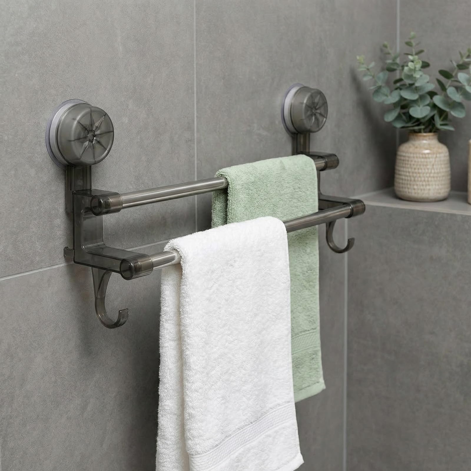 Porte-serviettes Double Extensible en Acier Inoxydable Gris, Barre de Serviette Télescopique 30-60cm pour Salle de Bain et Cuisine, Montage Mural Sans Perçage avec Ventouse, Étagère de Rangement Moder