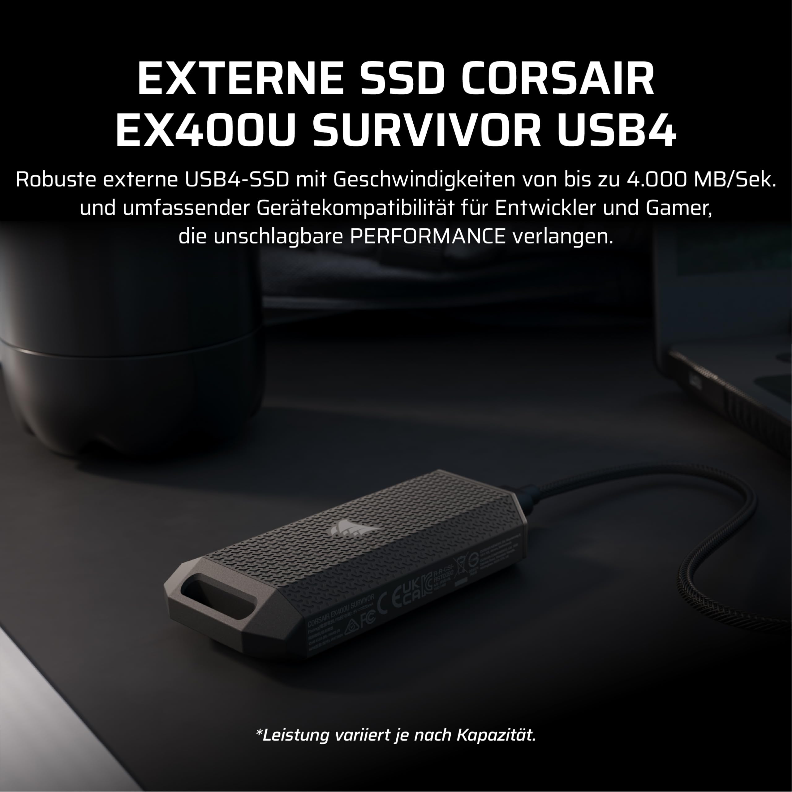 Corsair EX400U Survivor 4TB USB4 Externe SSD – Bis zu 4.000 MB/s, IP55-Schutztyp, Plug & Play für PC, Mac und iPad – Schwarz