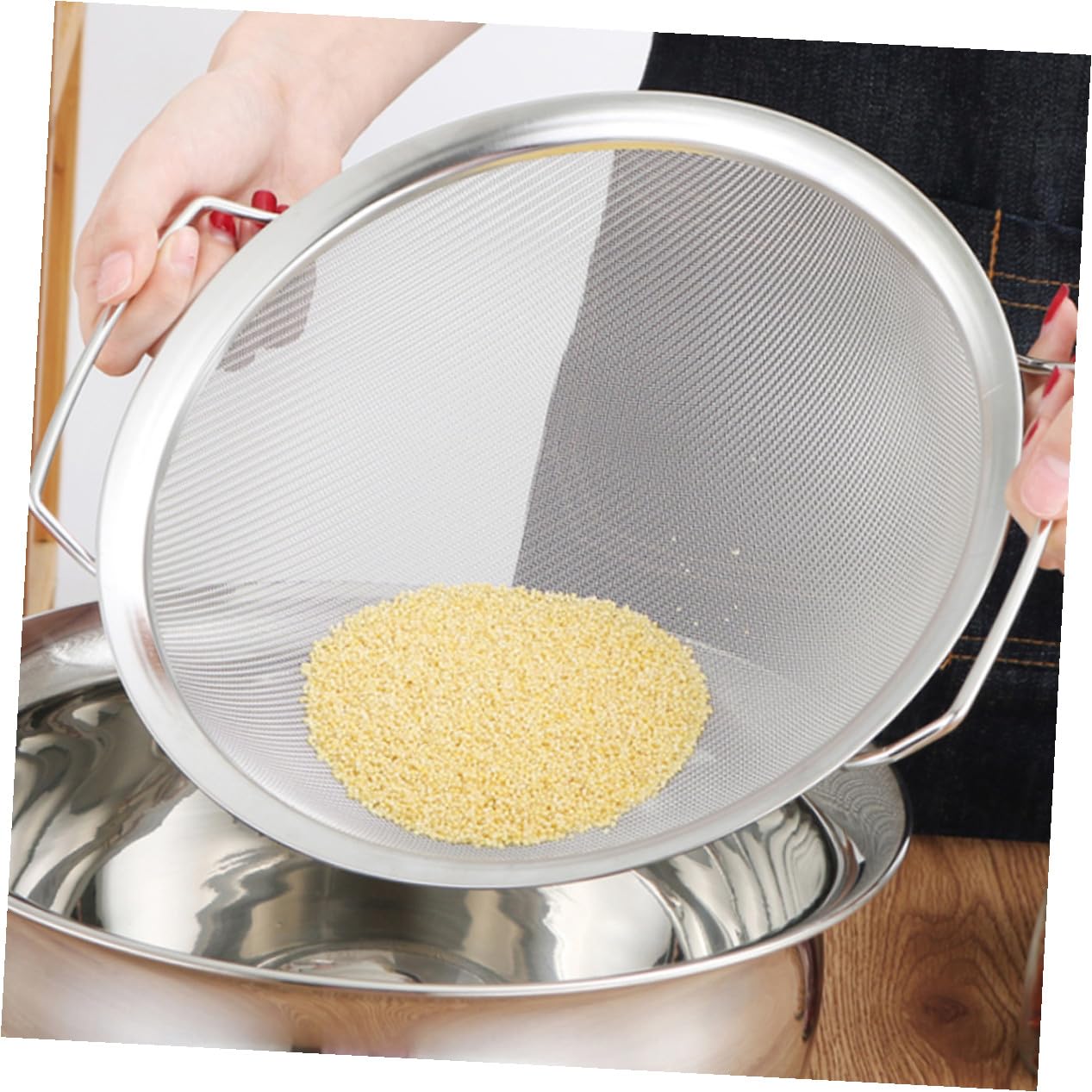 Colador para Asa de Acero Malla Inoxidable Doble Arroz