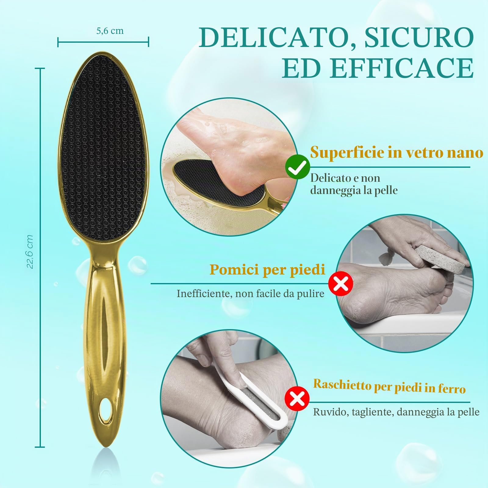 Lima per piedi in nano vetro, delicata ed estremamente efficace per la rimozione di calli, pelle dura e morta, ideale per la cura dei piedi in un centro benessere domestico (Oro)