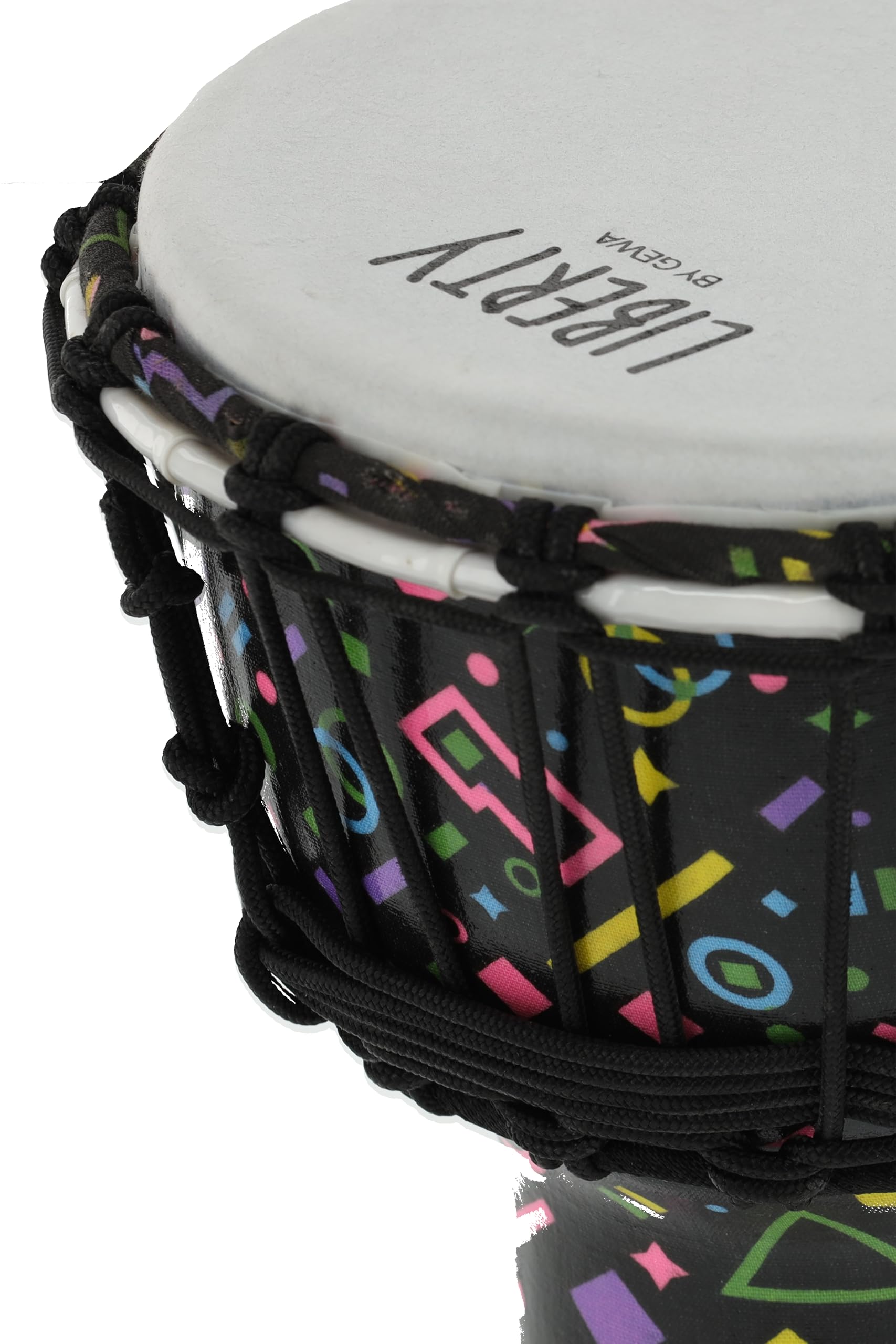 GEWA Liberty Djembé - System strojenia: linkowe - Średnica: 7" (17,8 cm) - Wysokość: 12,5" (31,5 cm) - Liczba sznurków: 14 - Wzór: Crazy neon