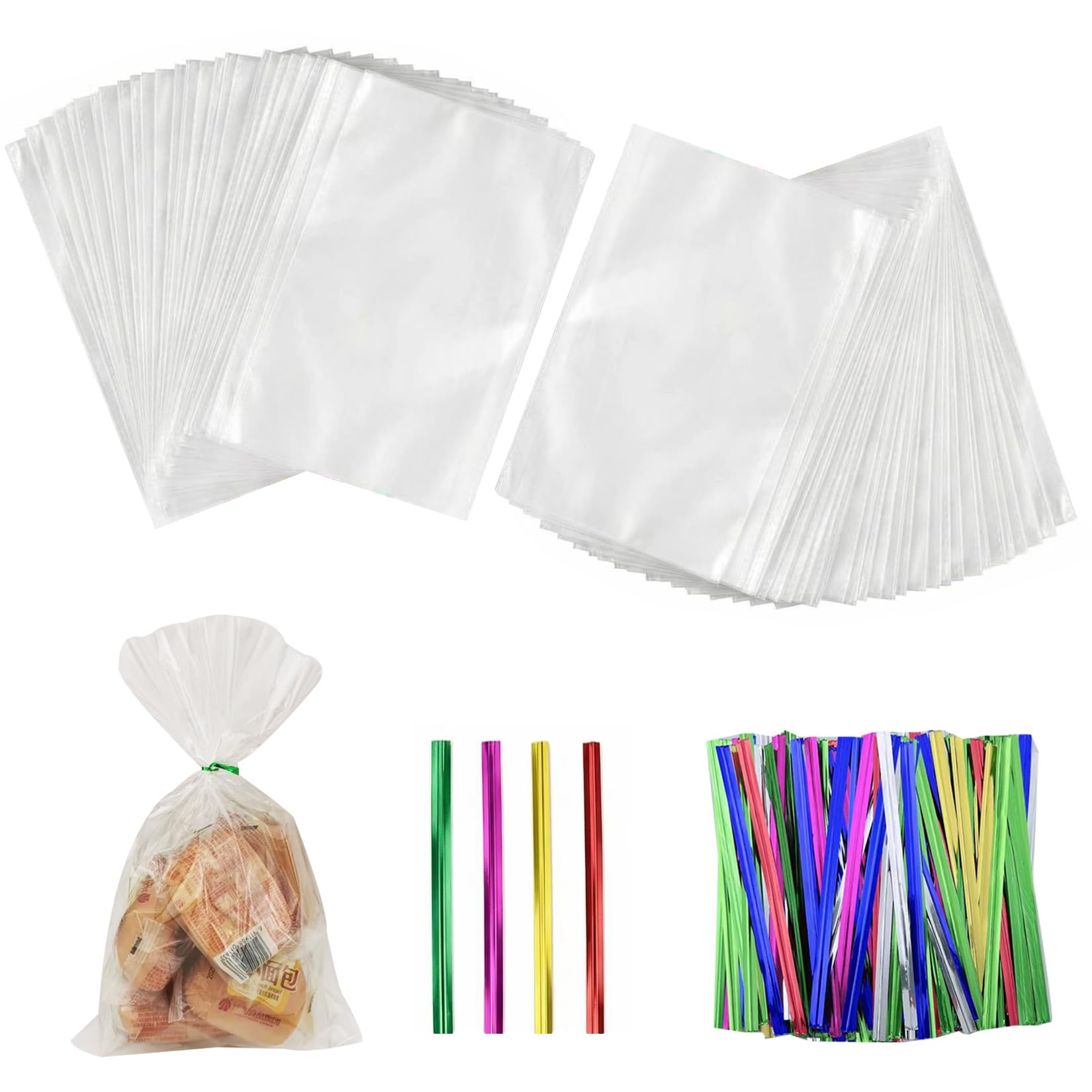 Cello Cellophane Treat, 8 X 12 Inches Big OPP Clear Plastic Bags For Bakery, Candies, Dessert with 6 Colors Twist Ties(100 Pieces Bags + 100 Pieces
