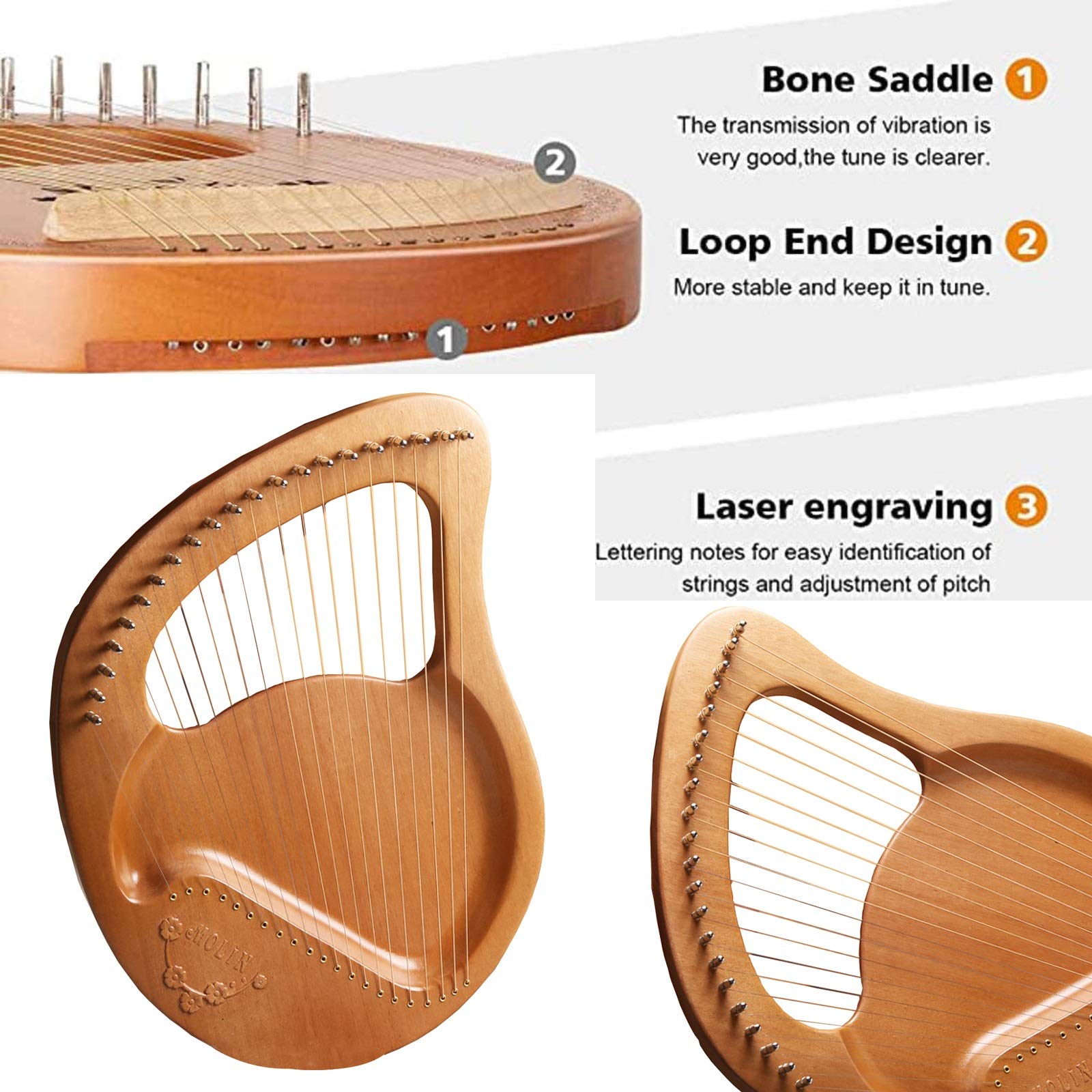 24 Saiten Lyre Harp Massivholz Mahagoni Harfe mit Tragetasche Tuning Wrench String Geschenk für Anfänger Musik Liebhaber Kinder Erwachsene (Color : Yellow)