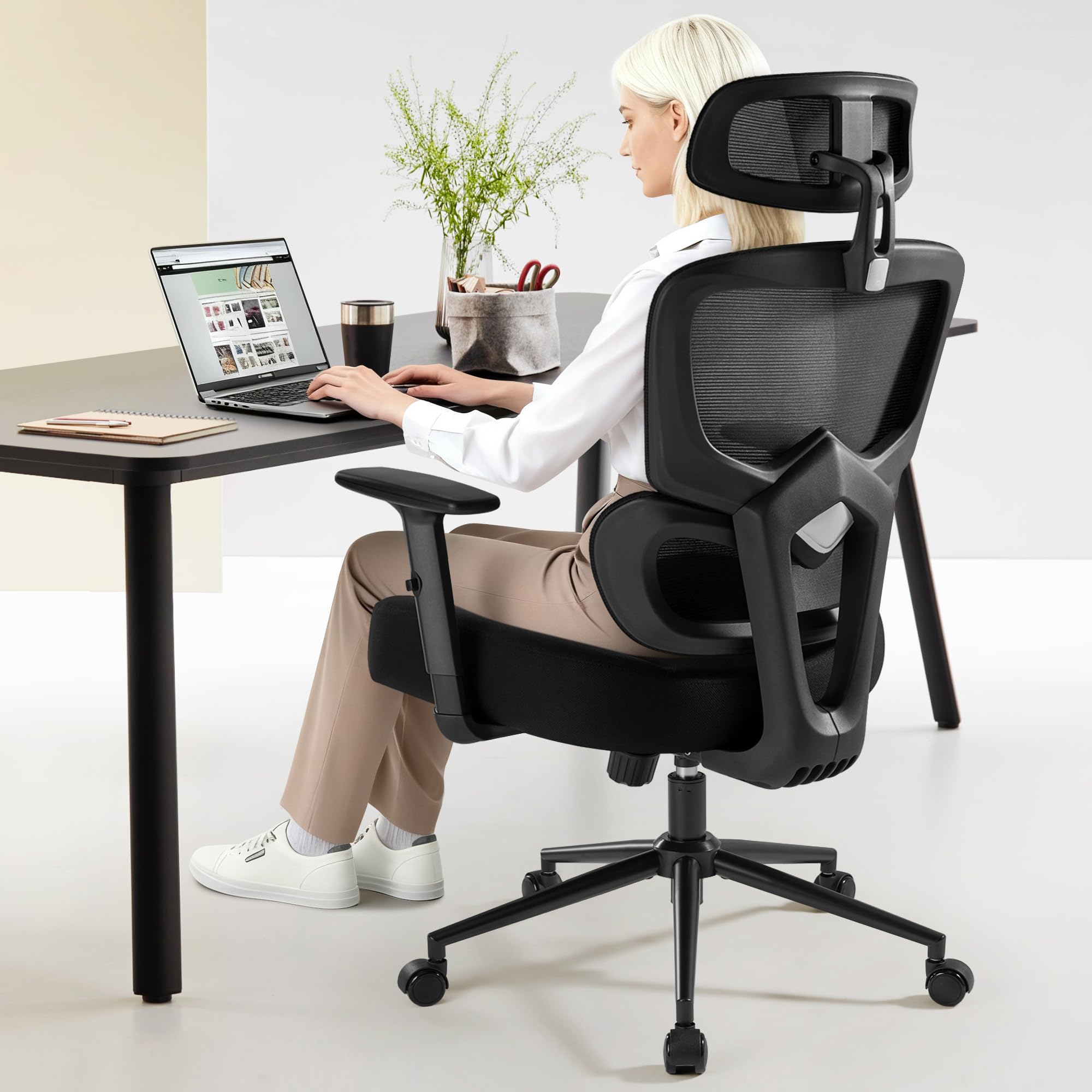 IWMH Silla de oficina ergonómica con reposacabezas ajustable, soporte lumbar, silla giratoria con función basculante de malla, silla giratoria para ordenador, silla giratoria contra el dolor de