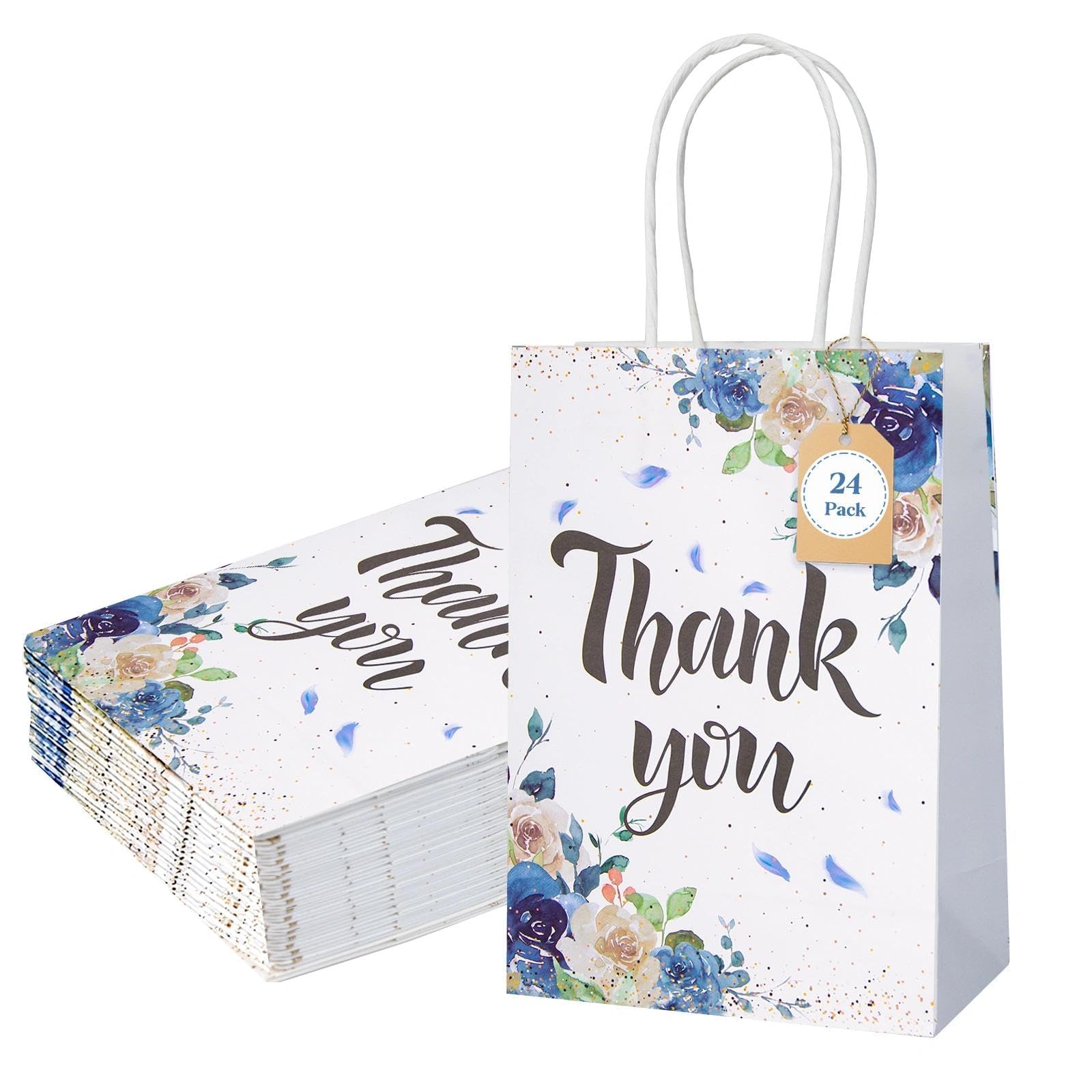 24 Pack Small Thank You Gift Bags with Handles, A5 Size Multipack Floral Paper Party Favour Bags for Wedding, Bridal Shower, Birthday, Baby Shower, Party Gifts & Goodies