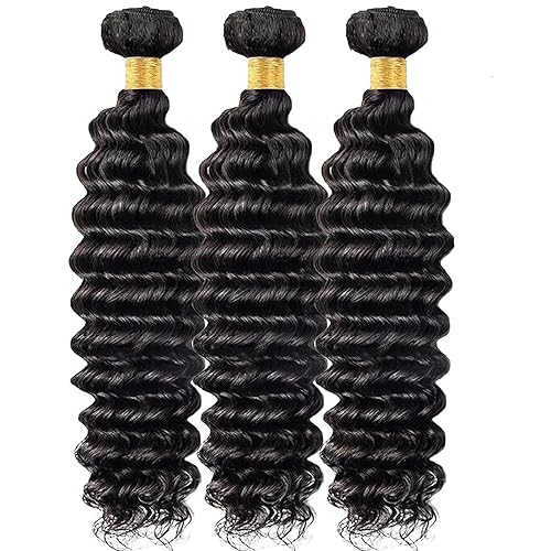 Miniatura 5 de 3 paquetes de cabello brasileño de onda profunda, 14, 16, 18 pulgadas, cabello humano rizado de 10.58 onzas, cabello para mujer, color negro natural