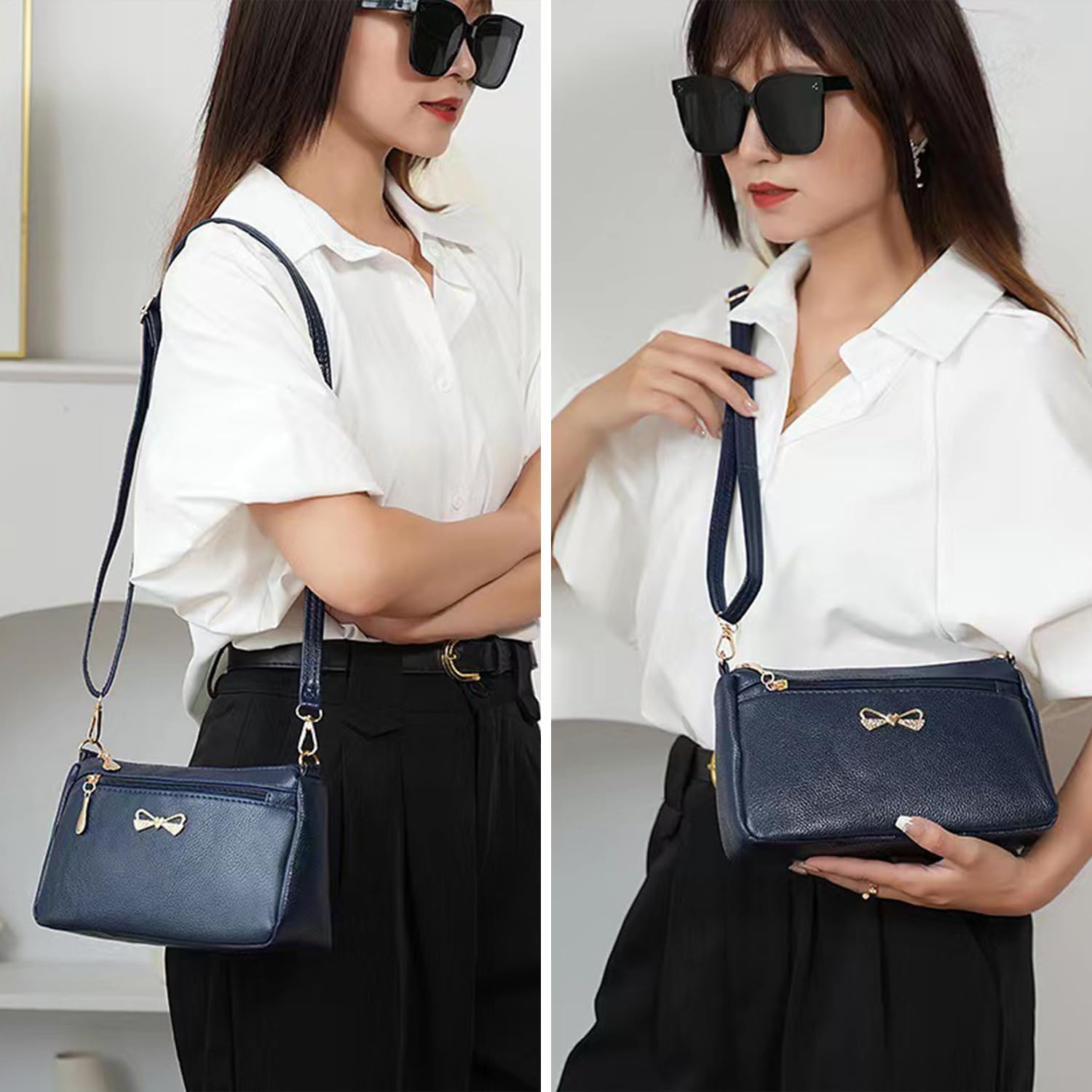 1 sac pour femme, petite sacoche pour femme, en cuir, souple et durable, avec poche de sécurité (bleu marine), Bleu