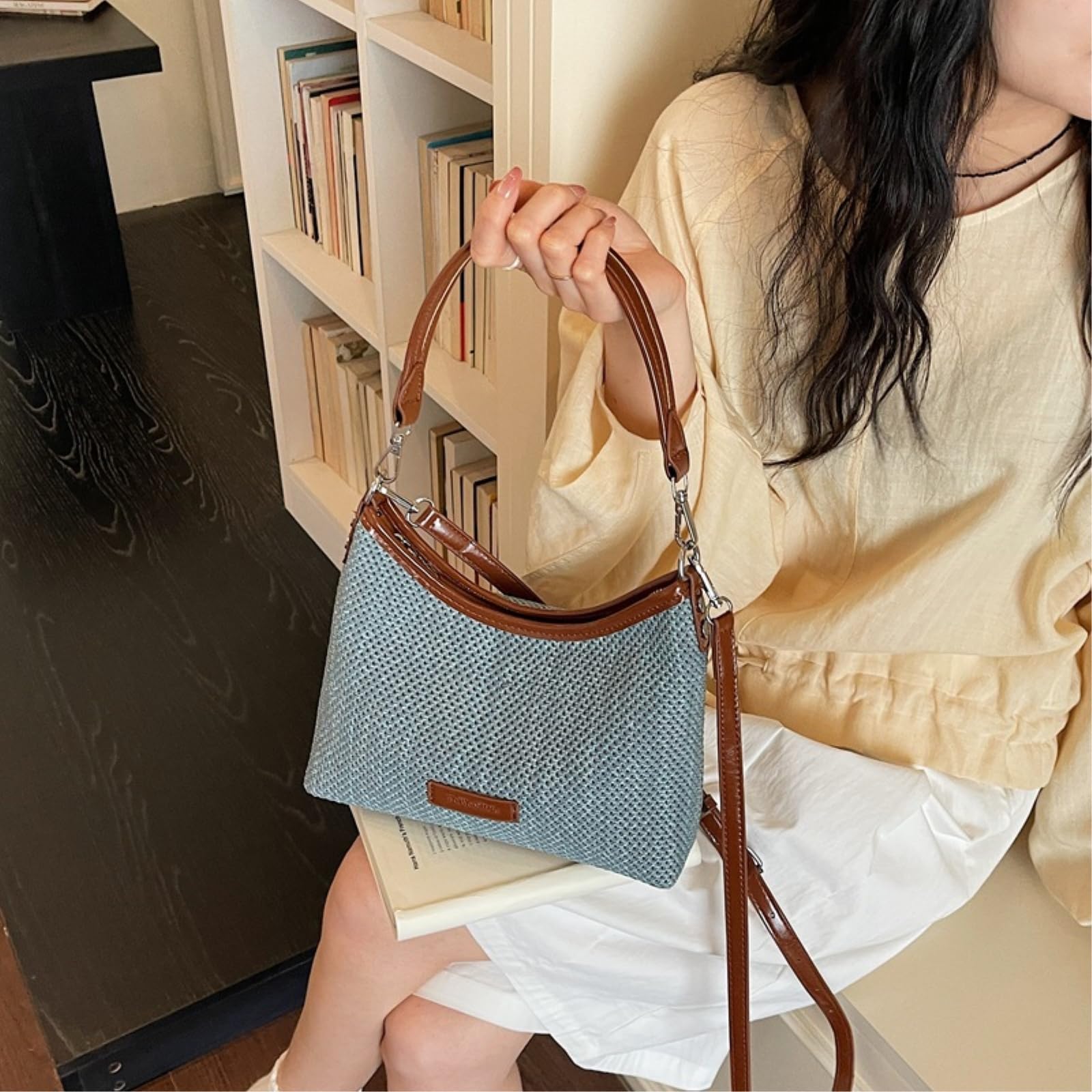 Borsa Tracolla di Paglia Tessuta Estate Donna A Spalla Vacanza Tempo Libero Diagonale-25 X 9 20 Cm-Blue