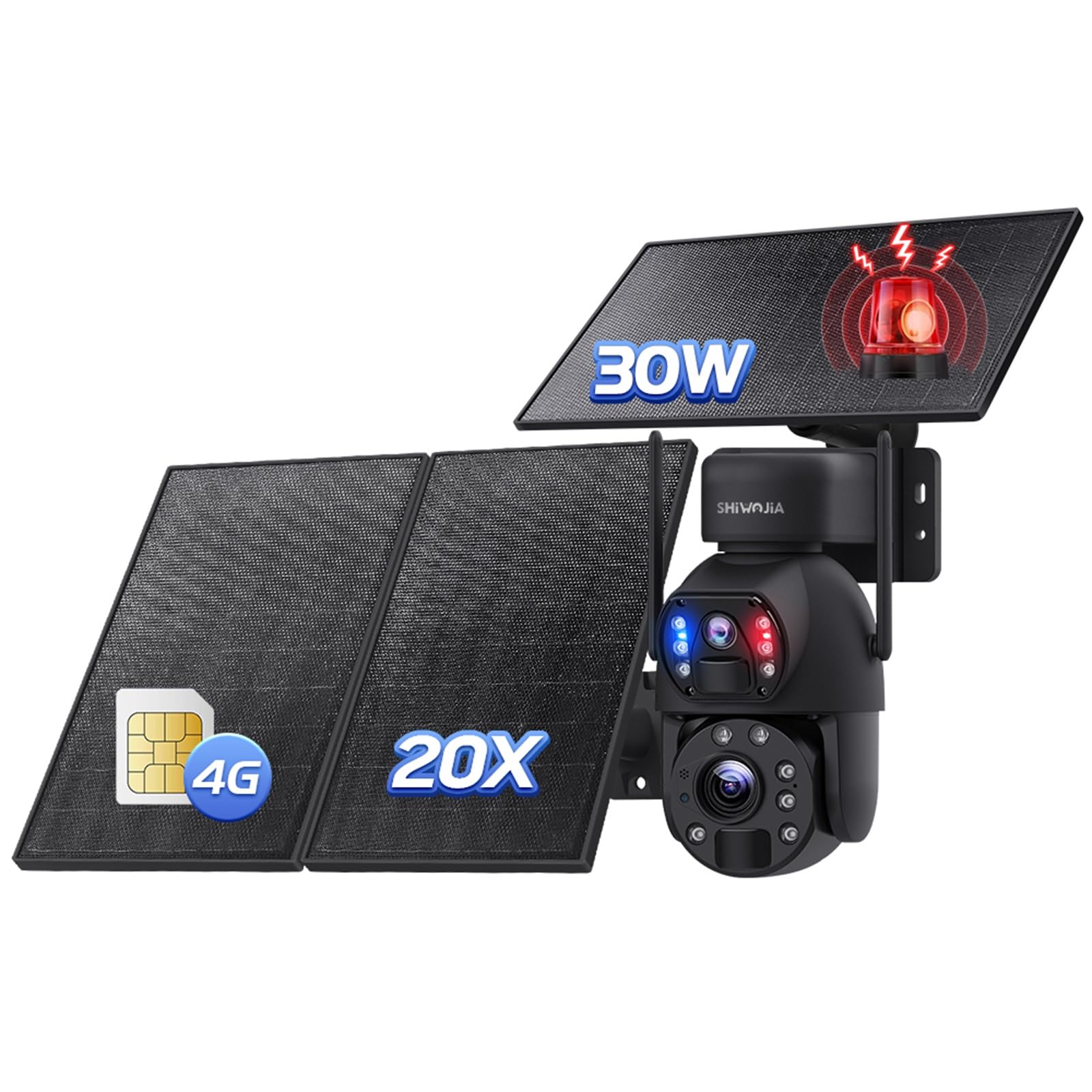 SHIWOJIA 3G/4G LTE Solar Surveillance Camera with 30W Solar Panel 20,000mAh Battery 6MP Outdoor Wireless Camera [24/7 Recording], Dual Lens Dual PIR IP66