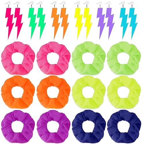 Paquete de 12 coleteros de neón para el cabello de los años 80, 6 pares de aretes de neón de los años 80 y 90 para mujer, bandas elásticas para el