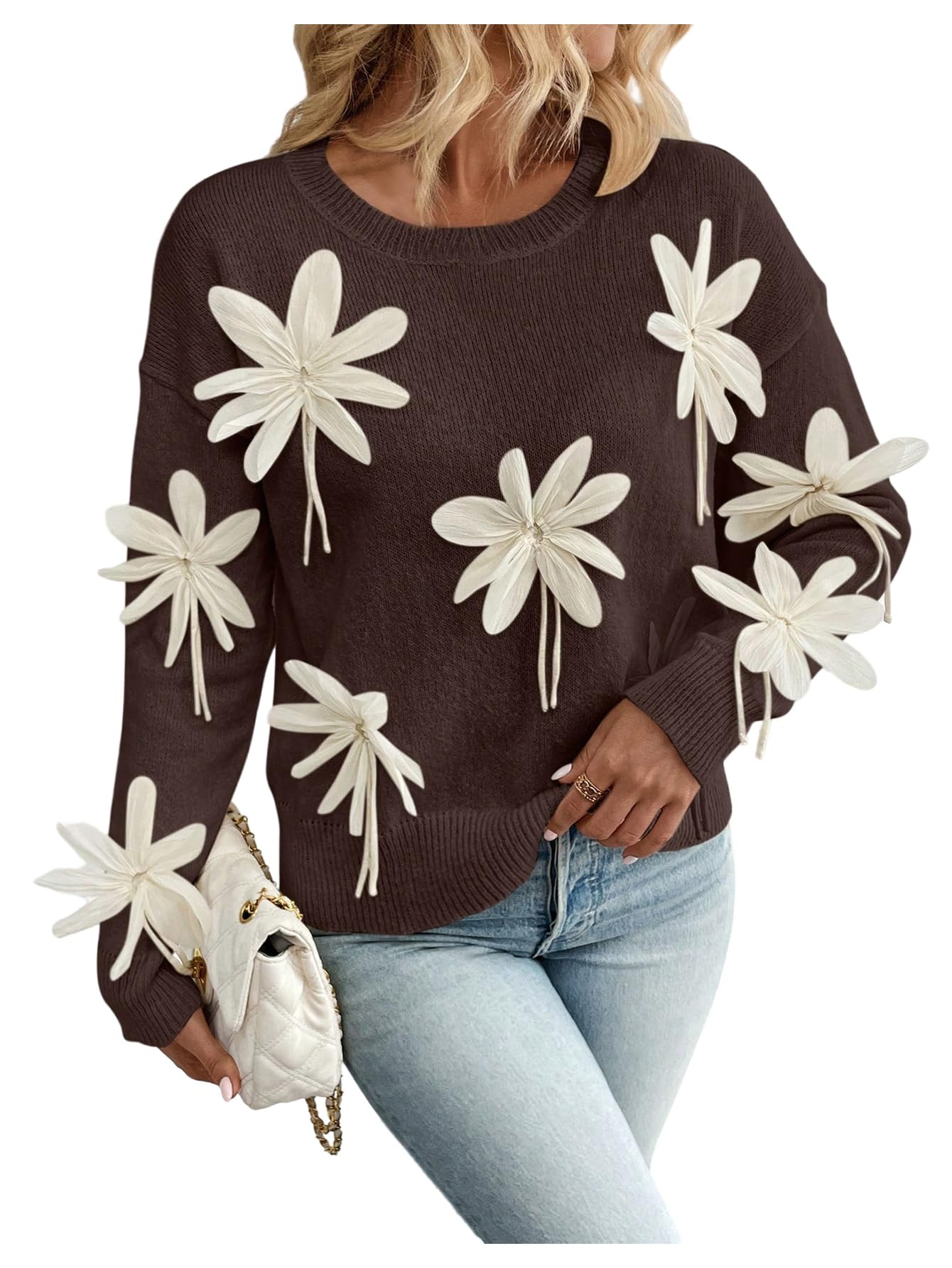 Verdusa Womens 3D Floral Pullover Sweaters Vacation Colorblock Knit Tops