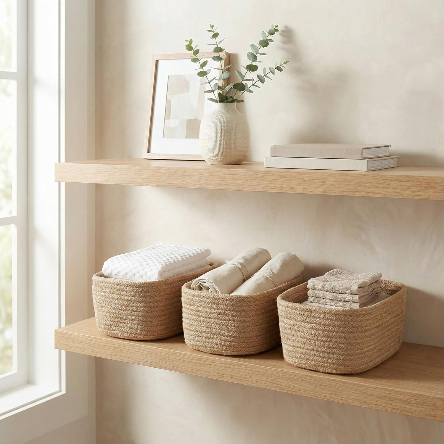 ELMORA Jute Baskets for Storage – Handmade Woven Organizer with Handles | Decorative Multipurpose Shelf, Toy & Laundry Basket Size- S, M & L (Pack of 3)-image-41