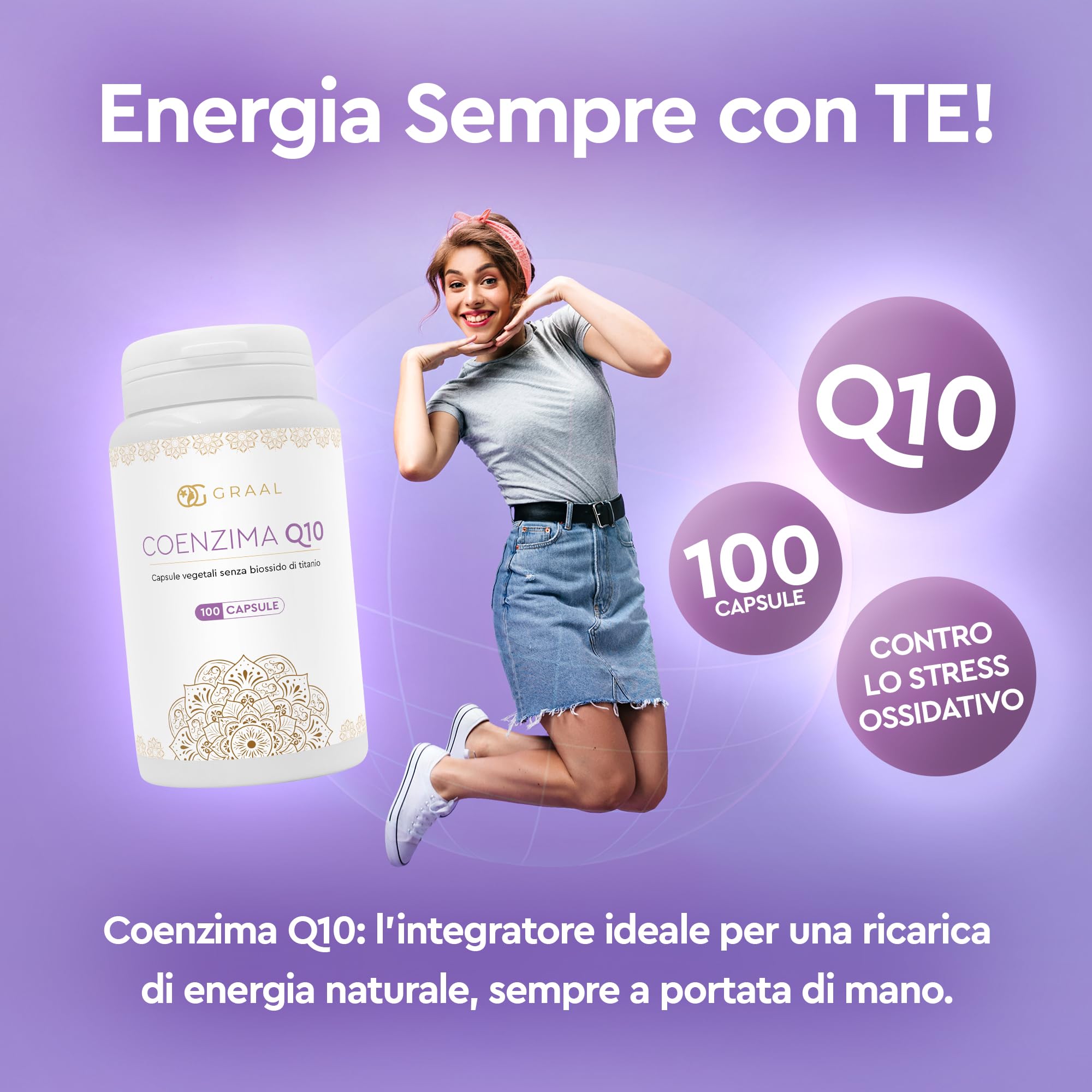 Graal Coenzima Q10 Migliore - Ubidecarenone (forma ossidata dell'Ubiquinolo) Naturale per Energia Cellulare, Azione Antiossidante, Contro l'Invecchiamento Cellulare e lo Stress Ossidativo