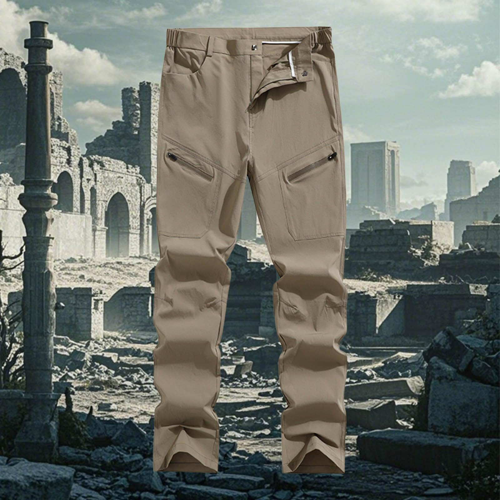 Men's Casual Pants Straight Fit Comfortable Lightweight Elastic Waist Wrinkle with Zipper Pockets for (Khaki, XXXL)