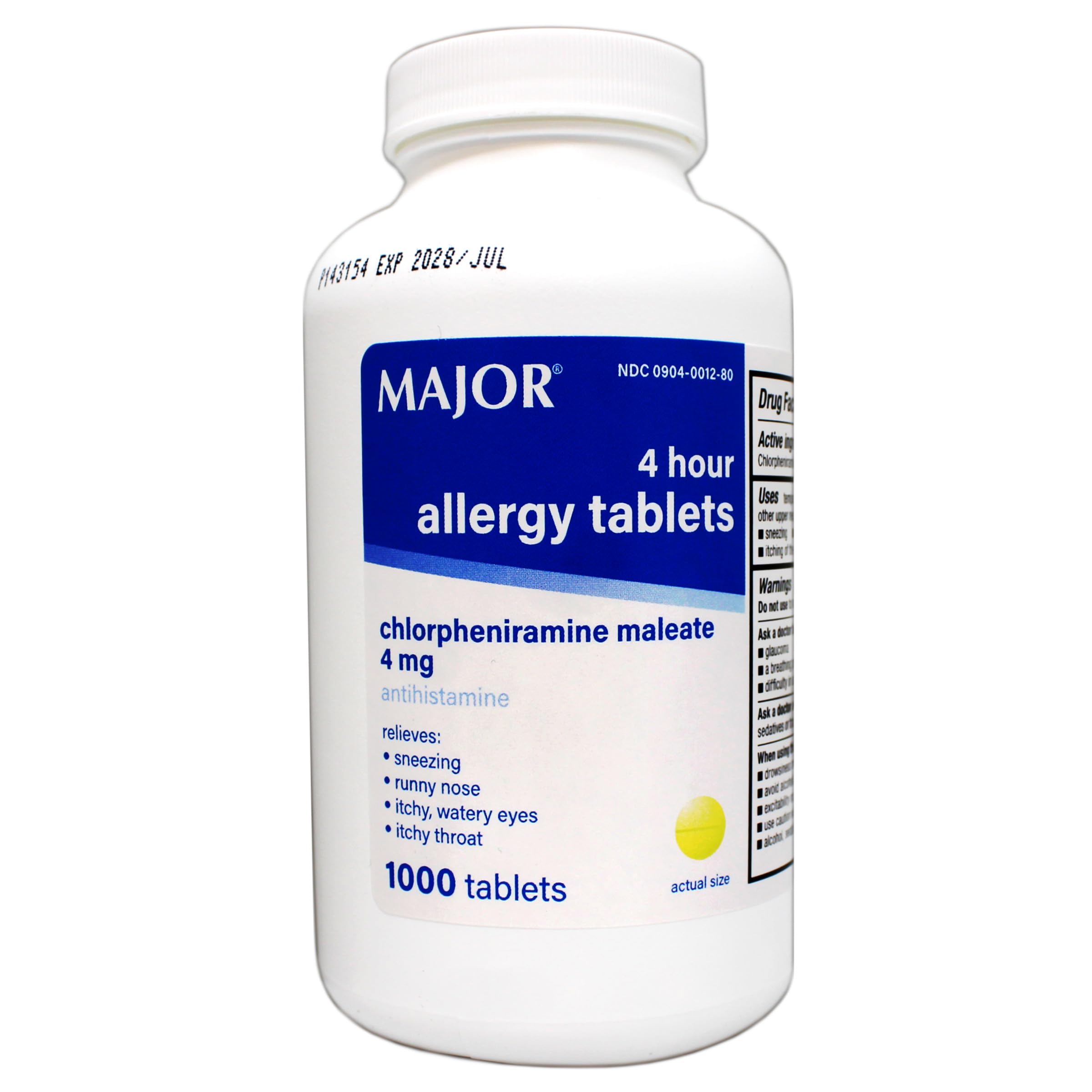 Major Allergy Tablets, Chlorpheniramine Maleate 4 mg, Antihistamine 4 Hour, 1000 Tablets