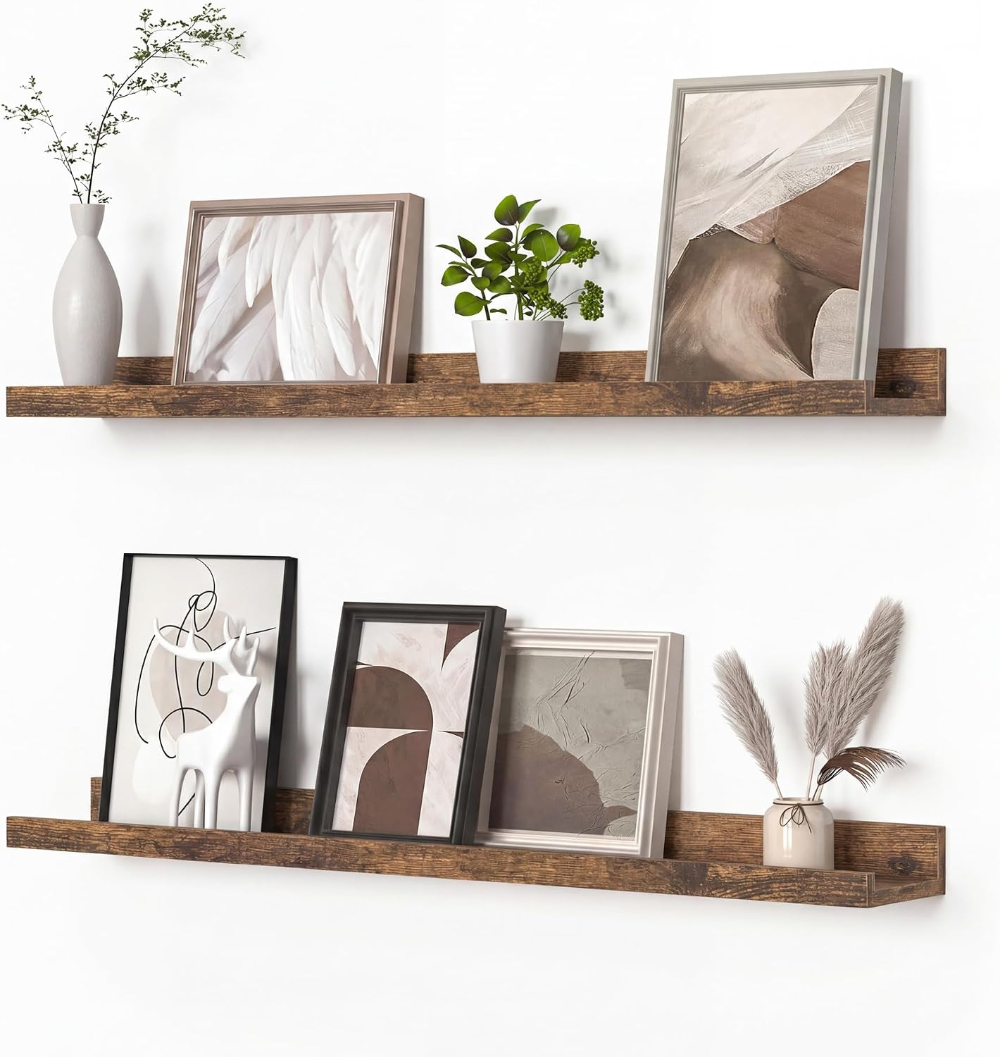 Heimlove Picture Ledge Shelf, Floating Shelves Set of 2, 35.43Inches Picture Shelf for Wall with Ledge, Kids Bookshelf Wall Mounted for Living Room Bedroom Decor Books Photo Frames - Rustic Brown