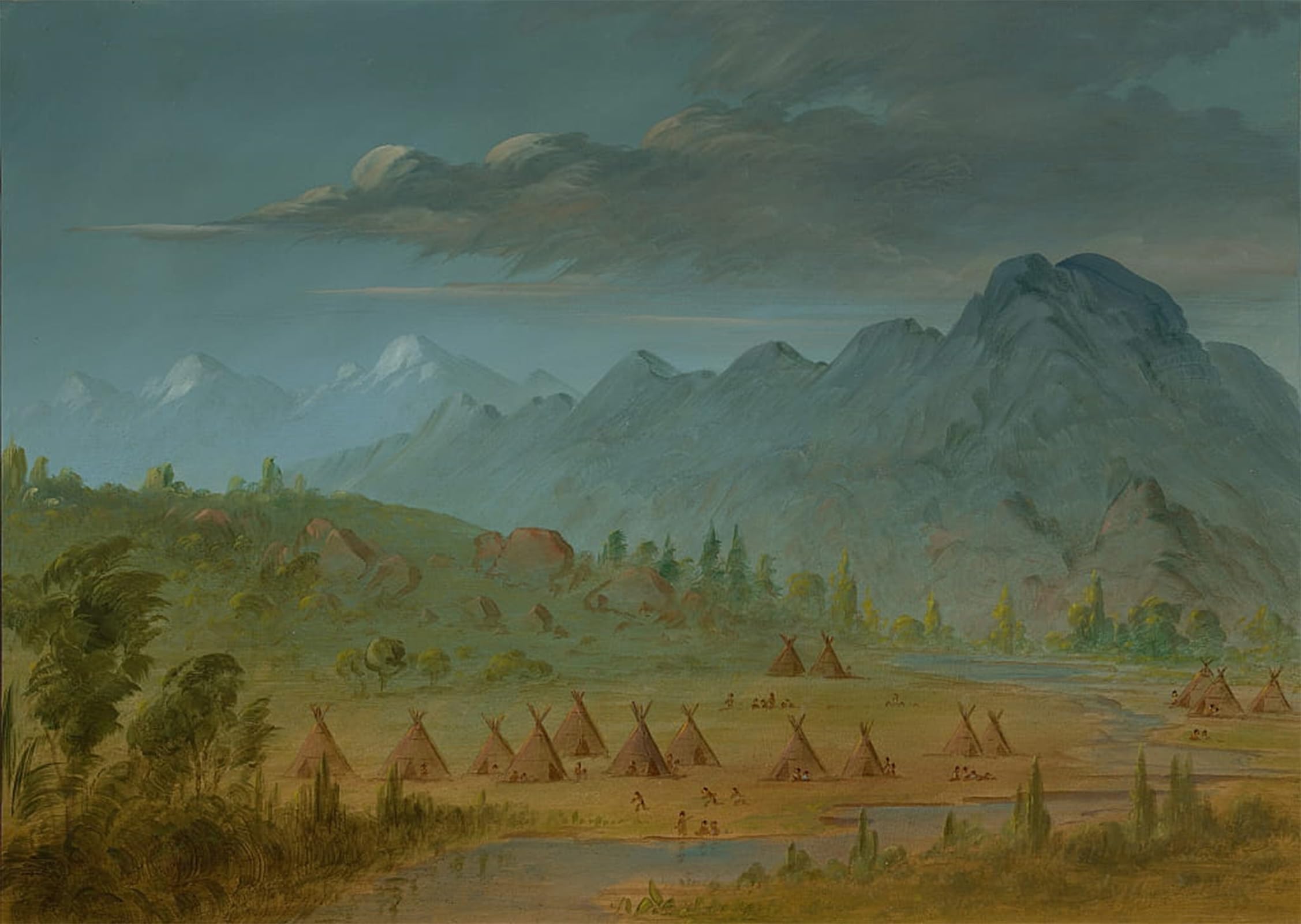 SERENDIPITP Abstract Painting Mural Print Picture Wall Decor Painting a Crow Village and the Salmon River Mountains by George Catlin Vintage Wall Artwork for Home Decor 60x90cm