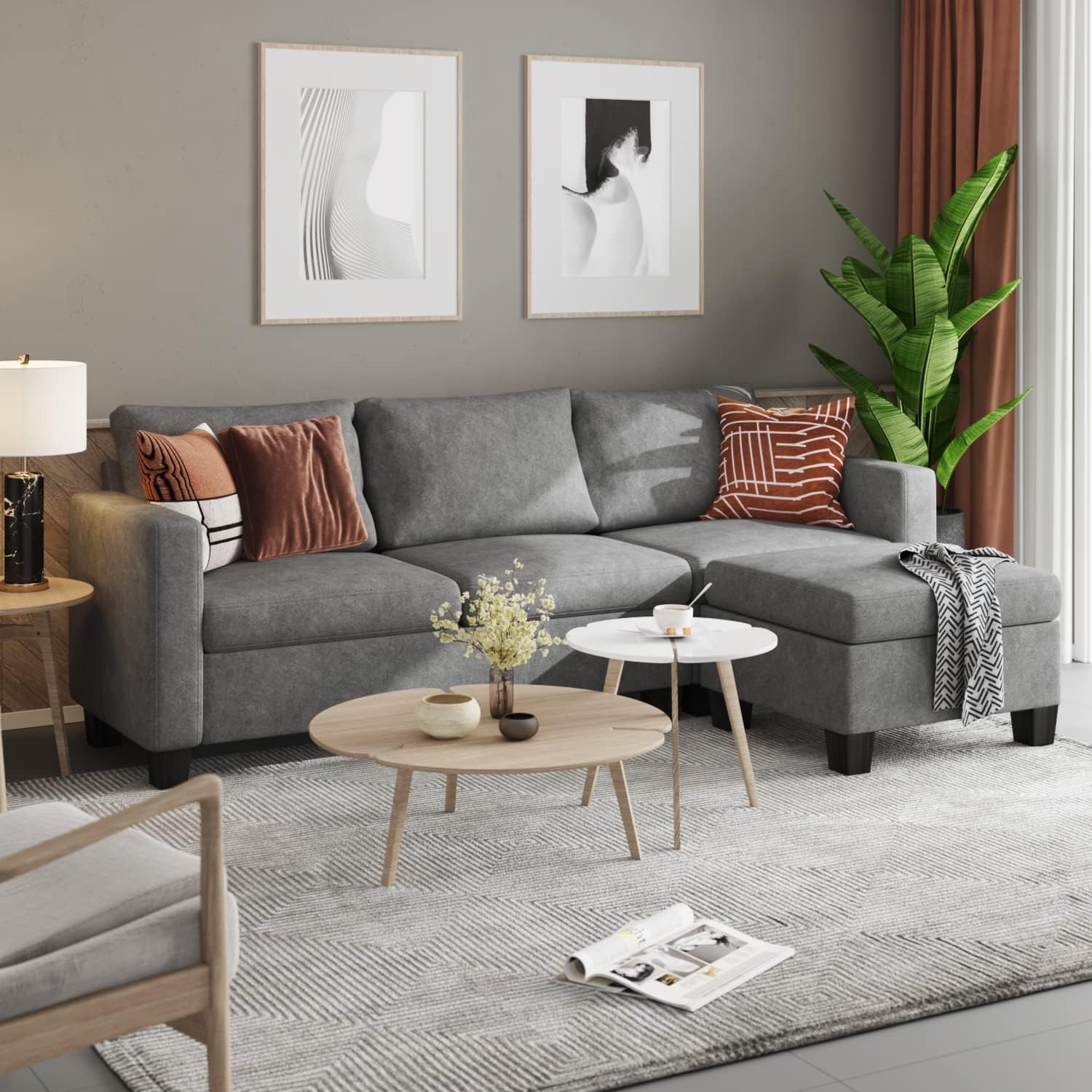 Shahoo Convertible Sectional Sofa Couch L-Shaped Settee with Soft Seat, Comfortable Backrest and Modern Linen Fabric for Small Space, Living Room, Gray