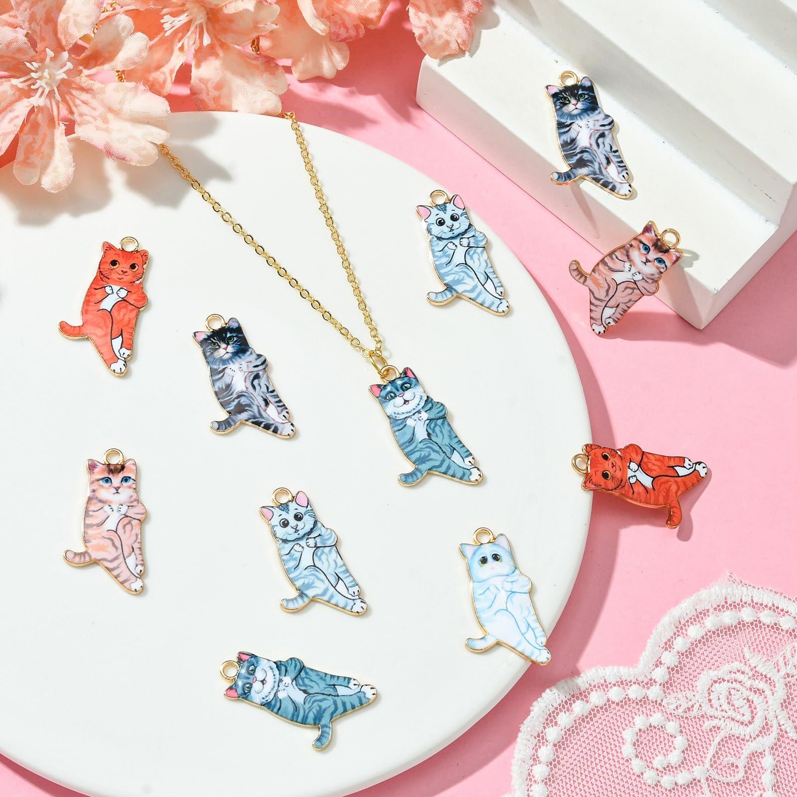 Stiesy 40Pcs 4 Colours Enamel Cat Charms Pendants Cute Standing Kitten Charm Colourful Printed Pet Animal Dangle Charms for Jewellery Making DIY Bracelet Crafting - Image 4