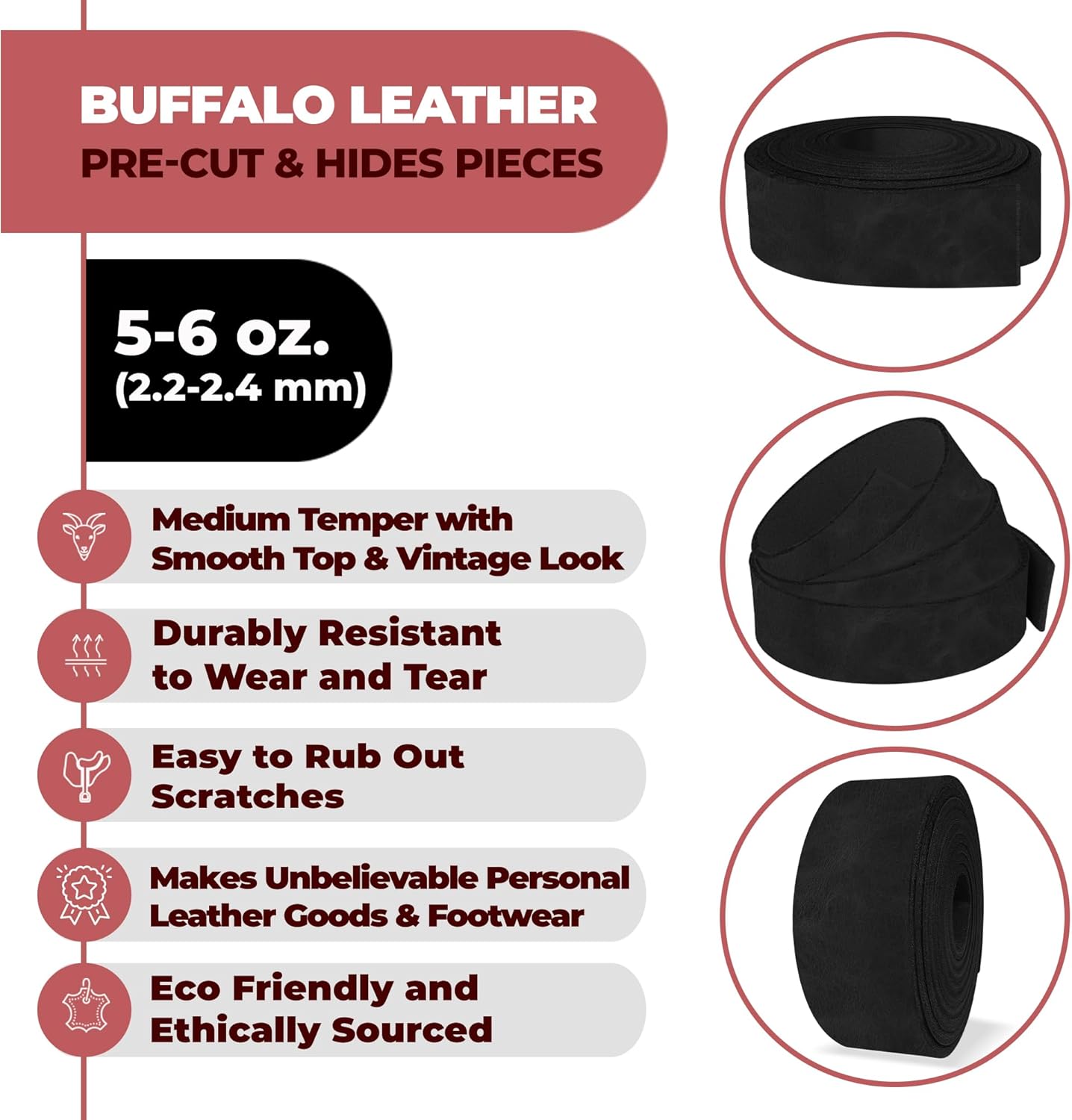 ELW Buffalo Hide Leather Strap 5-6 oz |1.5 Inch x 60 Inch|Color Black Leather Strips for Crafts, Leather Bag Straps, Leather for Belt Making, Leather Crafting, Blank Leather, Tooling Leather Roll