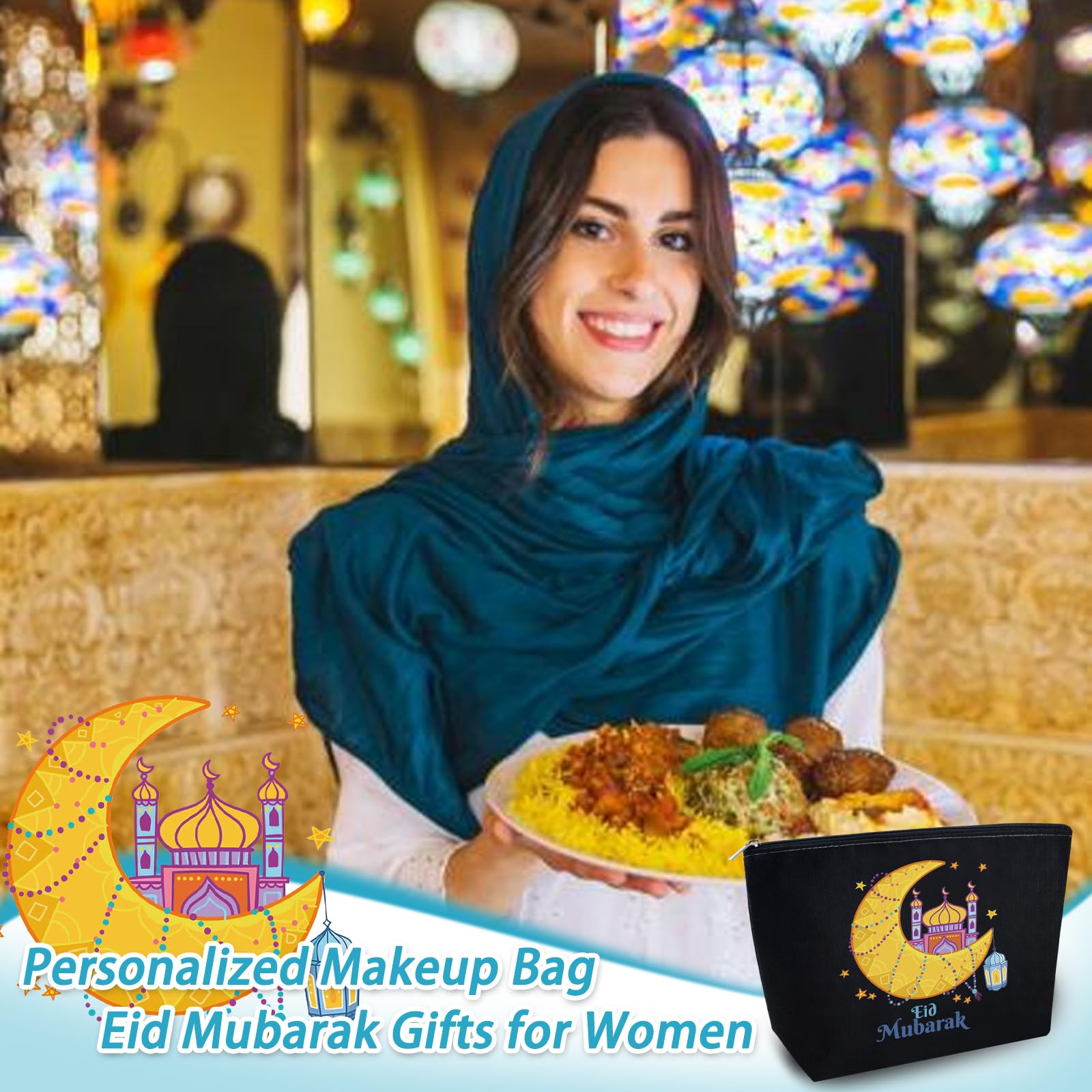 Eid Gifts for Women Eid Mubarak Gift Bags Ramadan Gifts for Women Ramadan Gift Makeup Bag for Muslim Supplies Al Fitr Party Decoration Mubarak Make Up Bag Stars Cosmetic Pouch