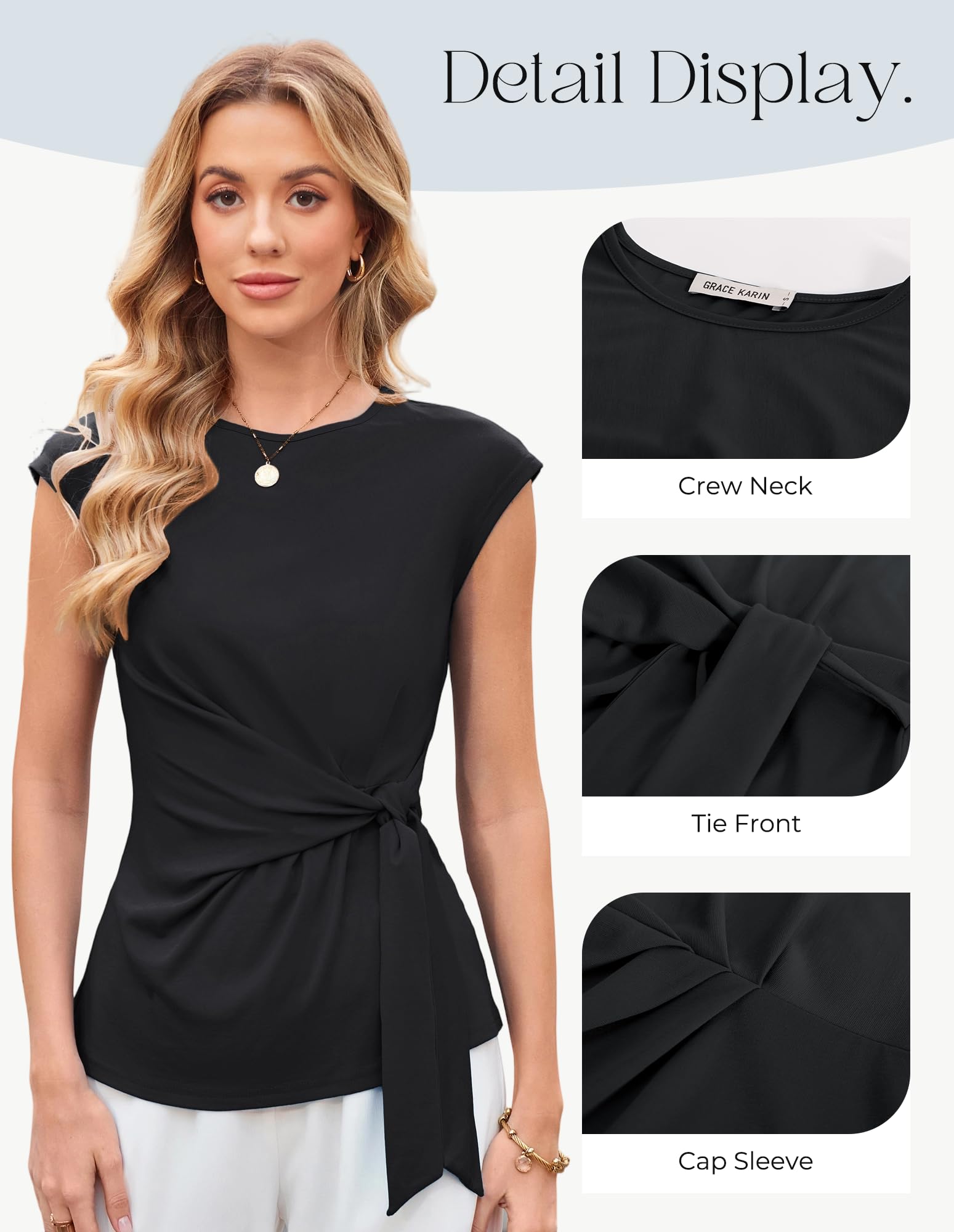 GRACE KARIN Blusa elegante de manga casquillo para mujer, de verano, con lazo en la cintura, cuello redondo, elegante, informal, para el trabajo y negocios
