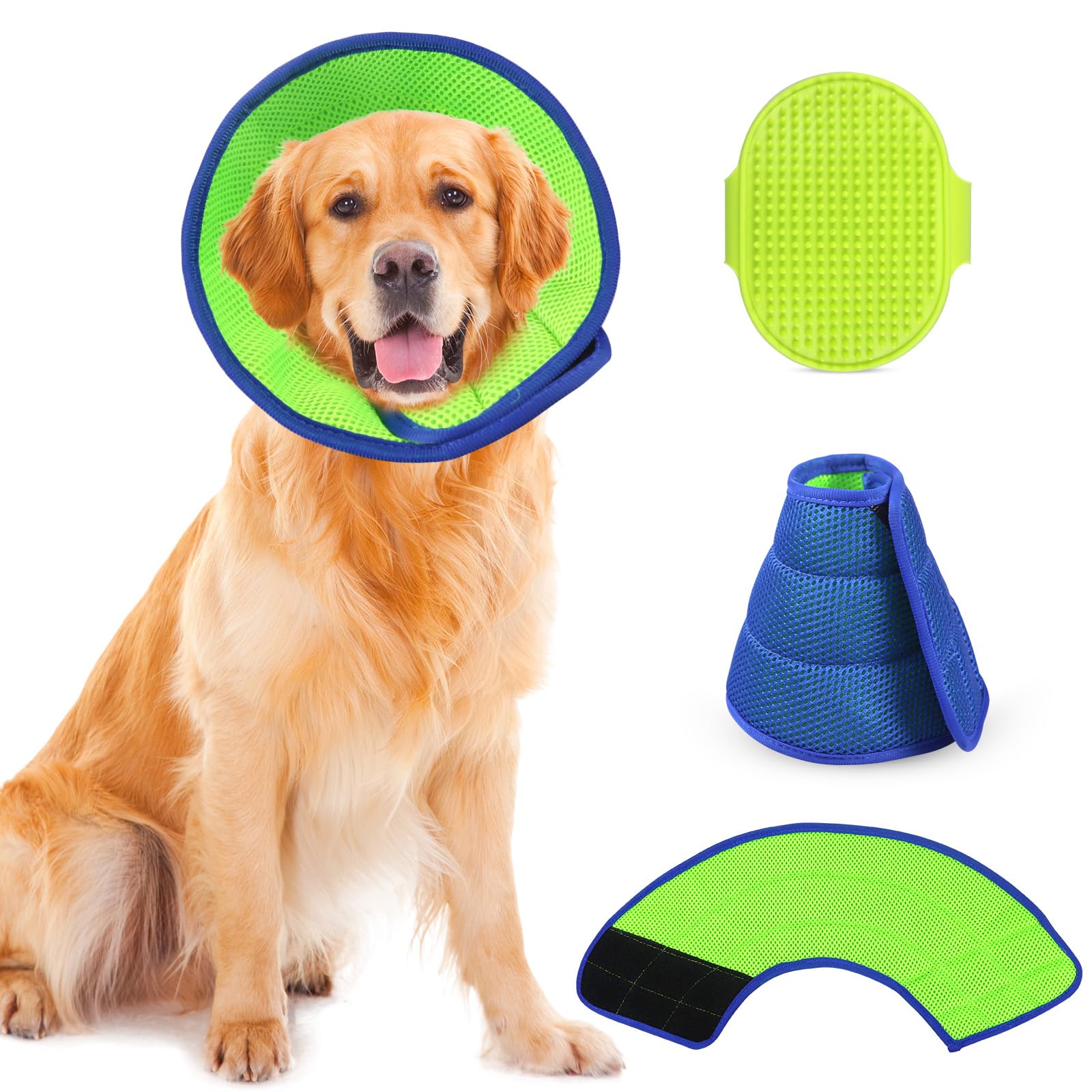Recovery Collars for Dogs and Cats Adjustable Soft Dog Cone Collar for Prevent Licking with Dog Bath Brush Pet Protective Neck Collar After Surgery (Blue