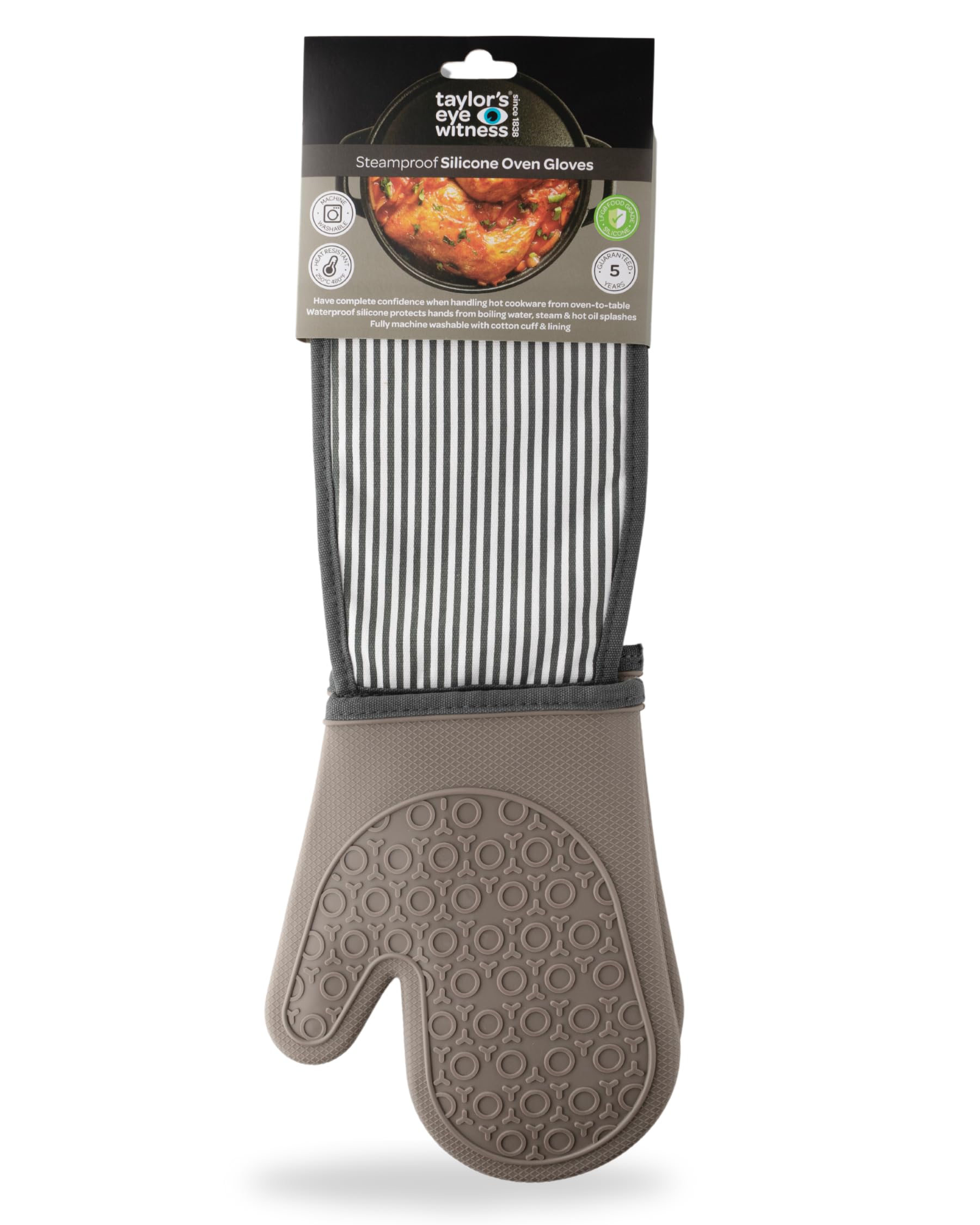 Silicone Double Oven Gloves Grey Stripe Steam Proof, Waterproof Heat Resistant (Upto 250C/480F). Safe From Boiling Water & Hot Oil. Machine Washable, BPA & Phthalate Free. 5 Year Guarantee.