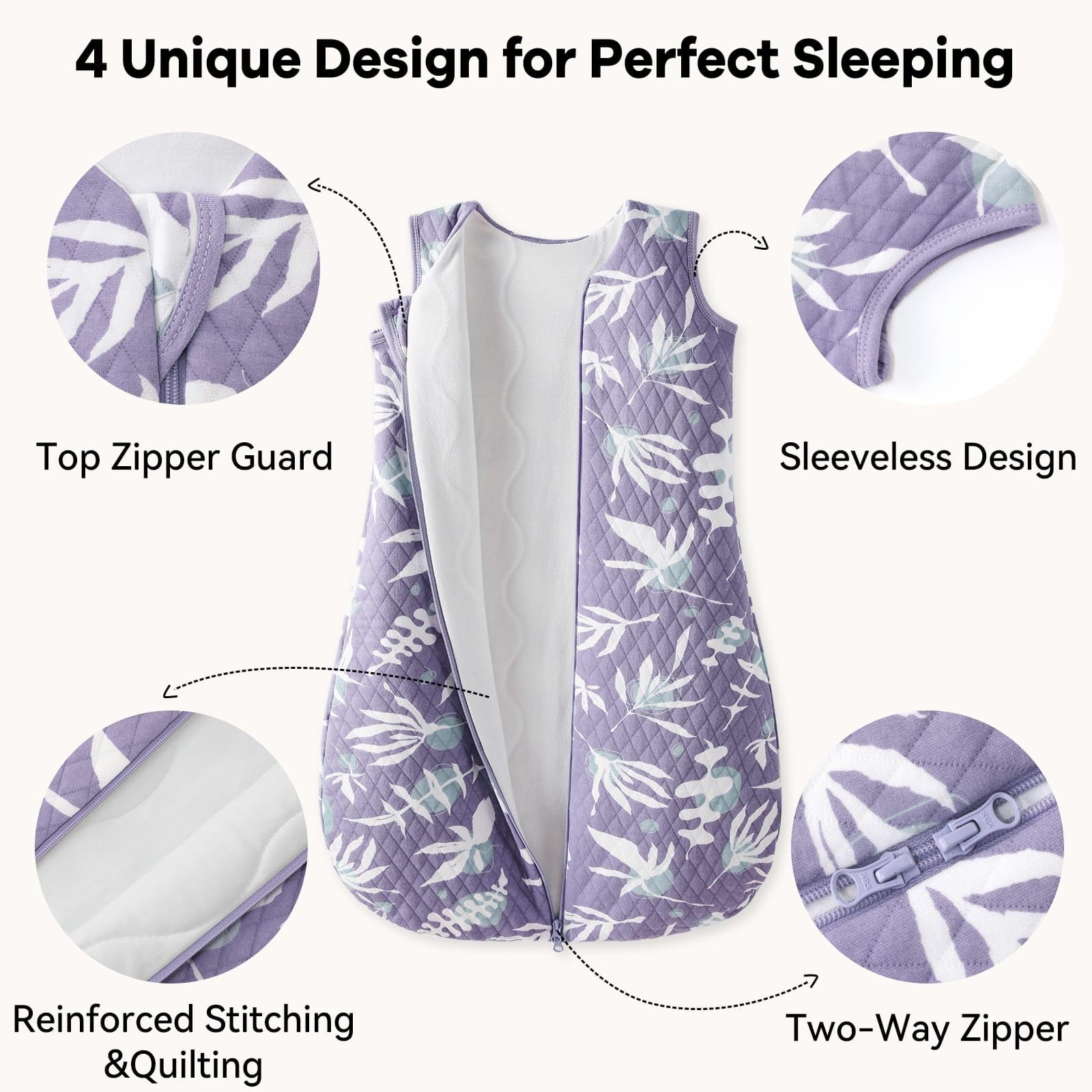 Unnivoll Baby Sleeping Bag 1.5 Tog 0-6 Months Cotton Sleep Sack Baby Sleep Bag Wearable Blanket with 2-Way Zipper for Newborn Infant Purple Leaves - Image 3