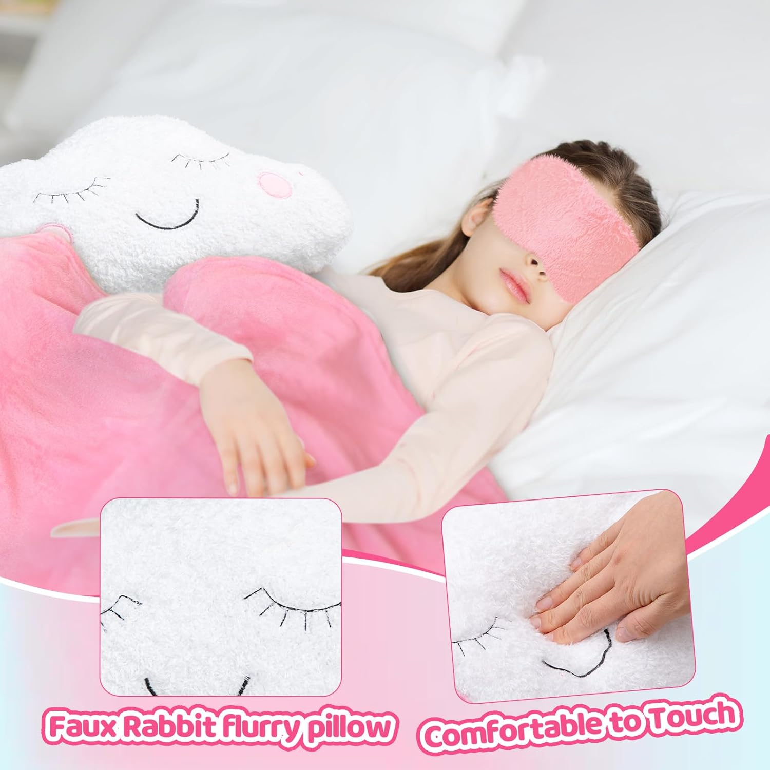 18 Pcs Sleepover Party Supplies Set 6 Pcs Cloud Fuzzy Throw Pillows 6 Pcs Fleece Soft Blankets 6 Pcs Pink Sleep Eye Mask Sleeping Stuff Accessories for Slumber Spa Pajama Favors - Image 4