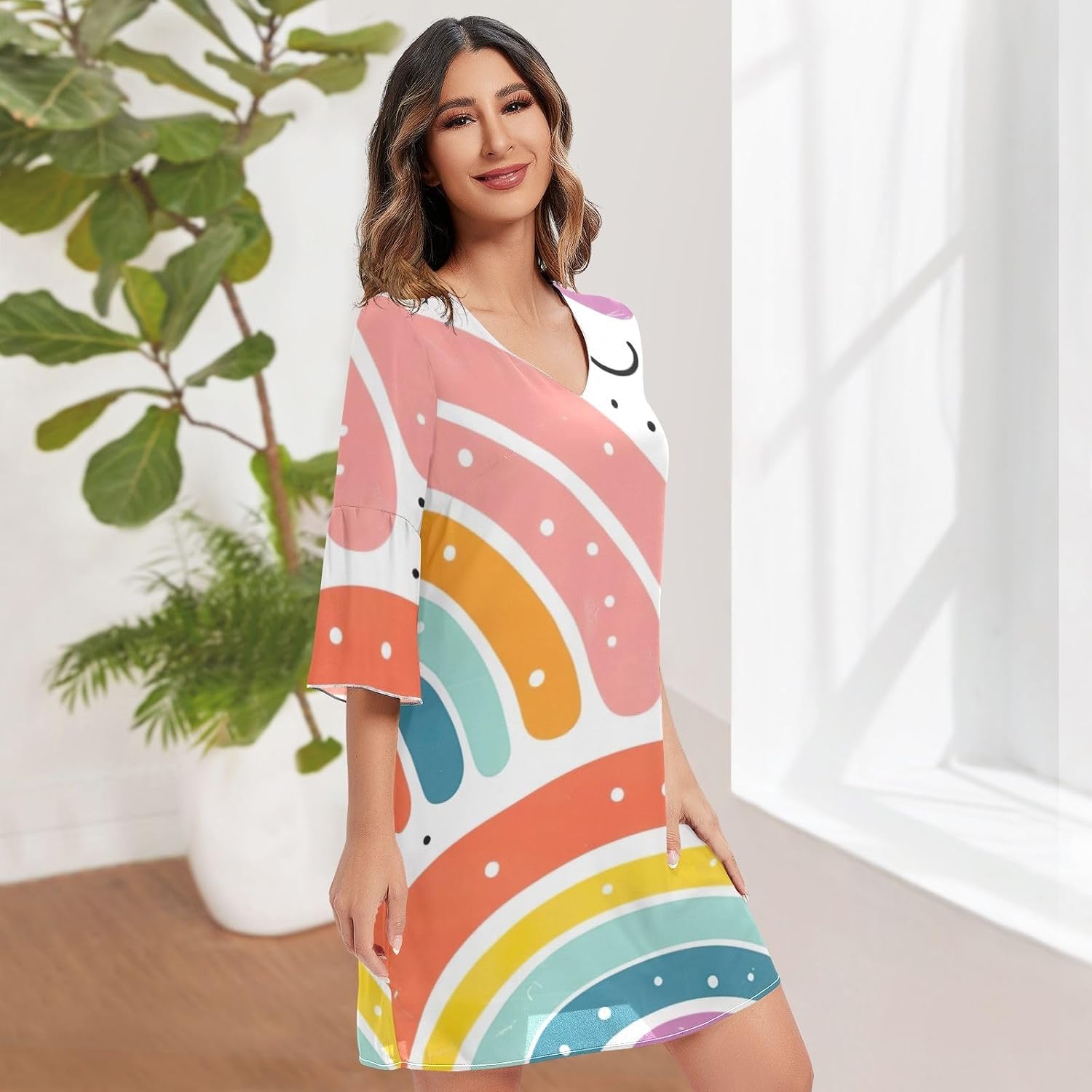 Cute Cartoon Rainbow White V Neck Line Dress Printed Women Hawaiian Dress Short S-XXL