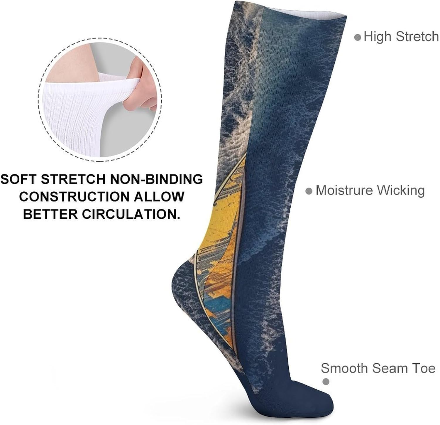 Breathable Crew Sock, Moisture Wicking, Athletic Calf Socks, Cozy | Surfboard Compression Socks for Women Men, Lightweight High Work Socks for Business, Casual