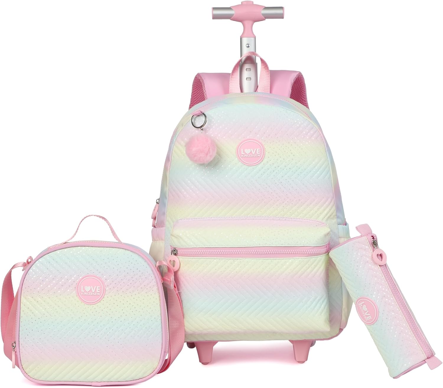 Rolling Backpack with Wheels School Trolley Laptop Bag with Lunch Box 3pc Set for women (PU PINK)