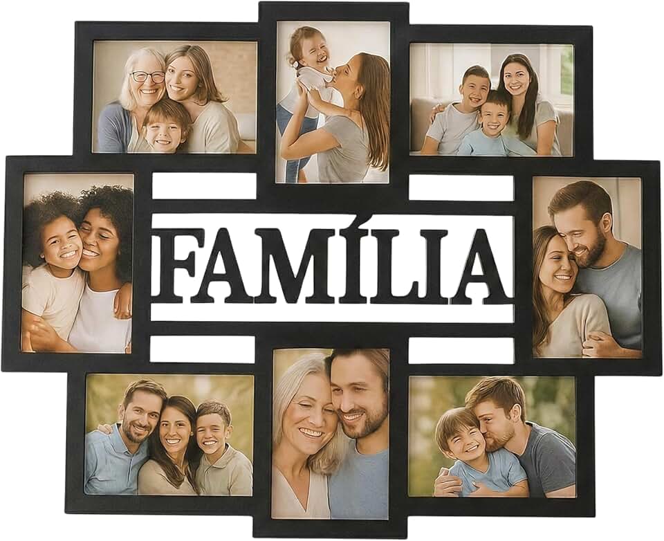 Porta Retrato Mural Família 8 Fotos 10x15 Preto | Painel de Fotos Parede MDF | 62x49cm Sem Furos Sala Quarto Corredor