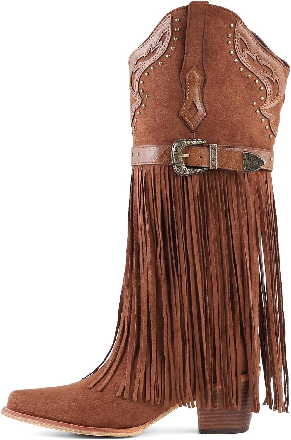 FancyQueen Fringe Cowboy Boots for Women, Fashion Pointed Toe Cowgirl Boots Womens Western Boot, Chunky Heel, Embroidered