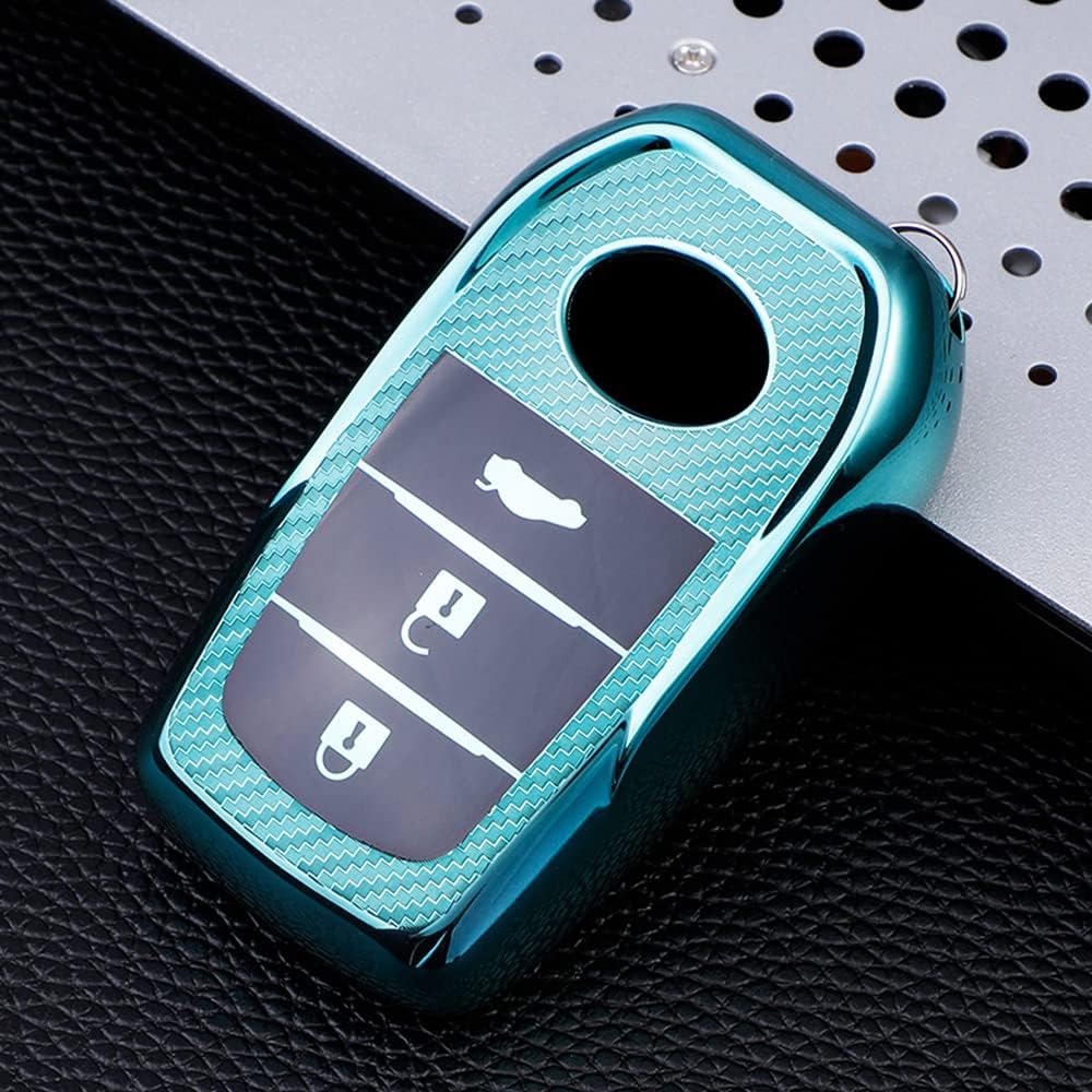 HIBEYO TPU Carbon Fiber Texture Car Key Fob Cover with Keychain fits for Toyota Camry Fortuner Hilux Land Cruiser Silicone Car Key Case Cover Jacket Smart Remote Car Key Holder Shell 3 Button Green