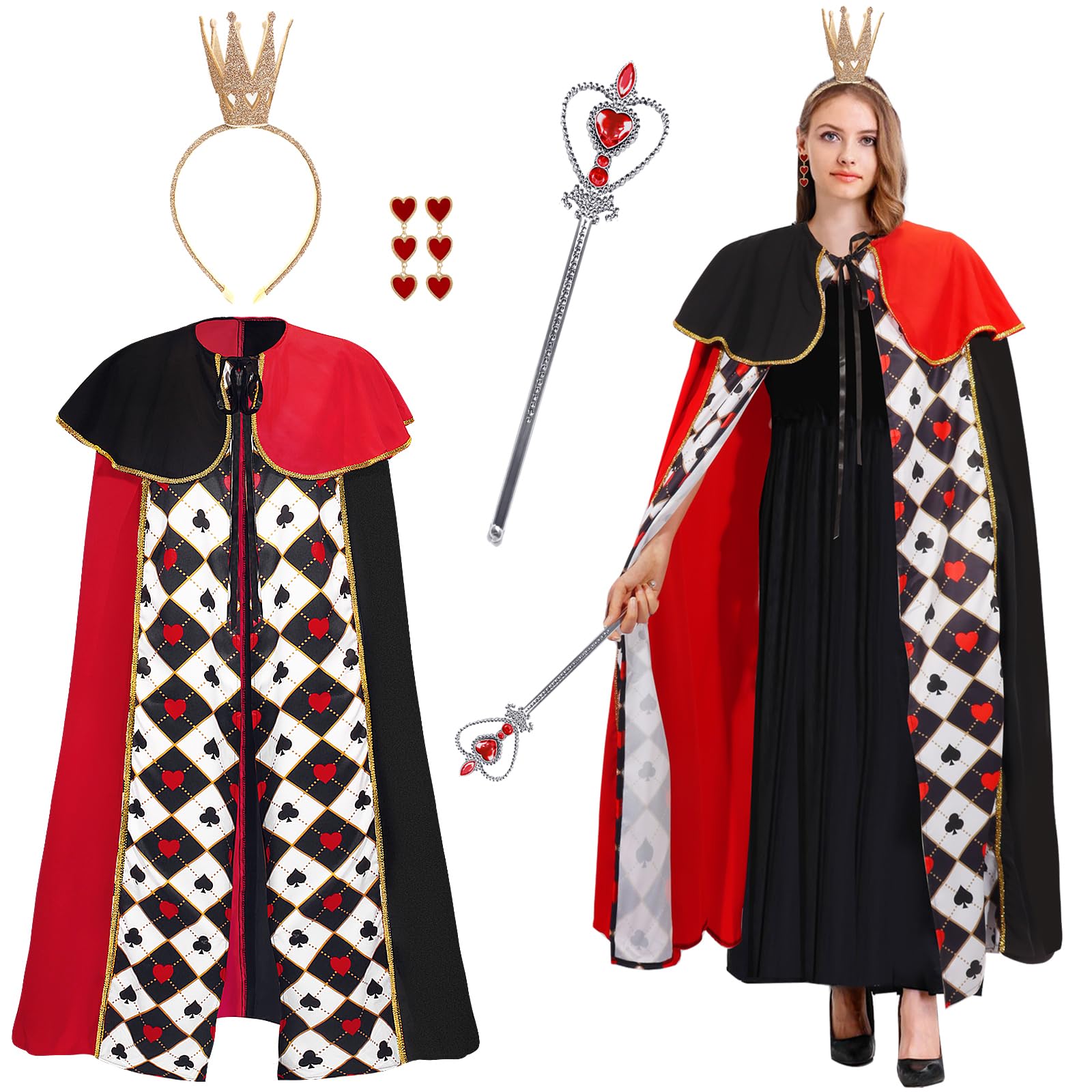 Disfraz de reina corazón para adultos, capa de corazones rojos, capa de reina con corona, diadema, aretes, varita de corazón, capa de rey para Halloween, carnaval, fiesta de cosplay