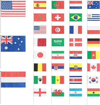 PartyKindom 32pcs Mini Hand Held National Flags International World Country Flags on Sticks Decorations for Festivals Sports Events and Celebrations