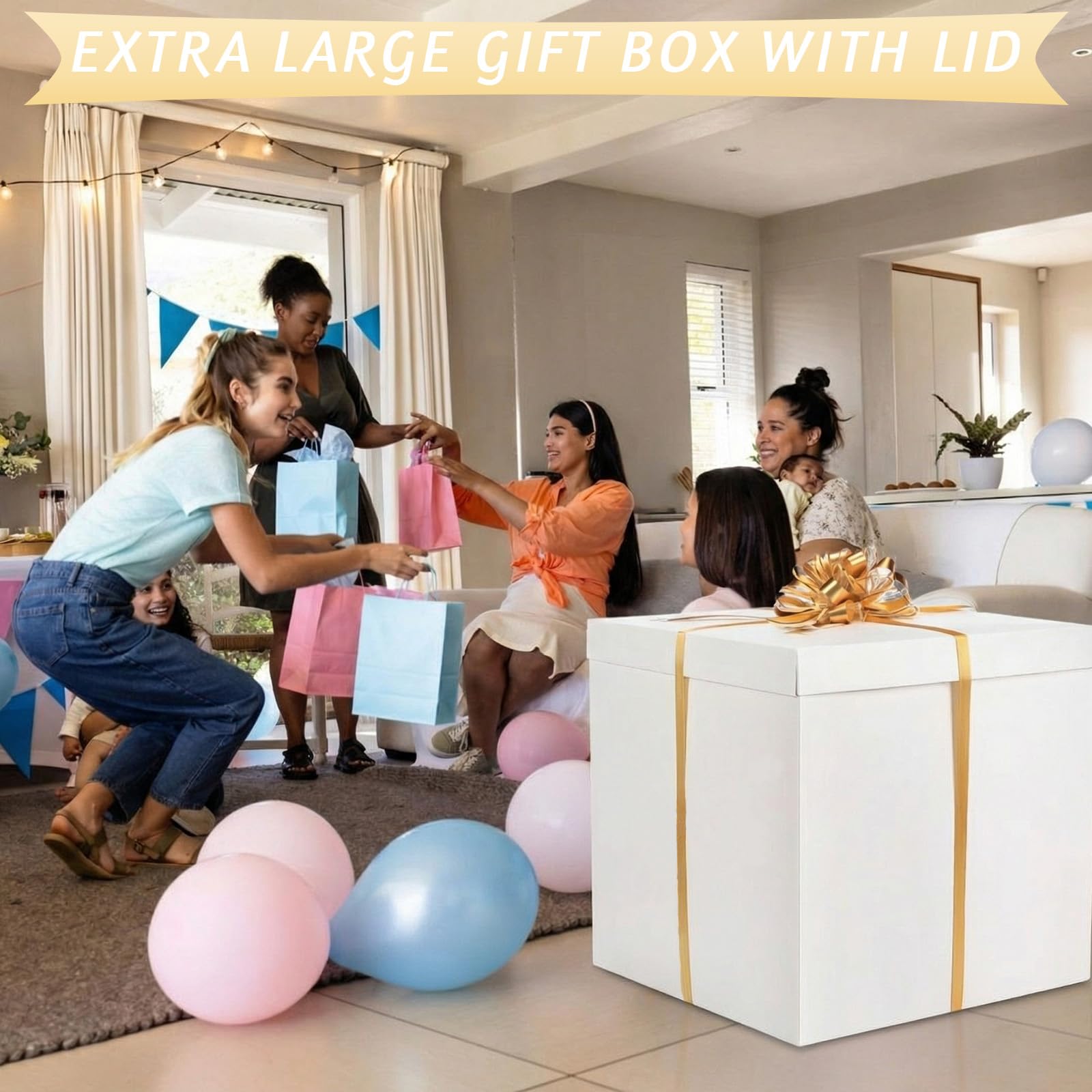 Kolldenn Scatola regalo extra large con coperchio, 71 x 71 x 71 cm, scatola regalo gigante bianca per rivelare grandi regali con fiocchi e nastri per compleanni, celebrazioni speciali, anniversari