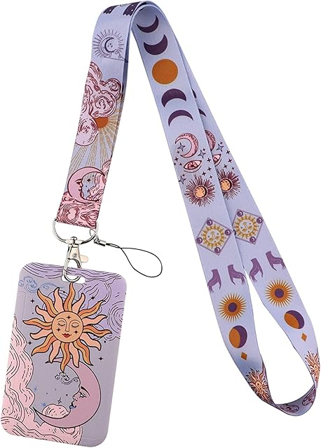 Juanooo Cool Purple Moon Sun Lanyard with ID Card Holder Cute Aesthetic Goddess Key Lanyard for Women Girls Students