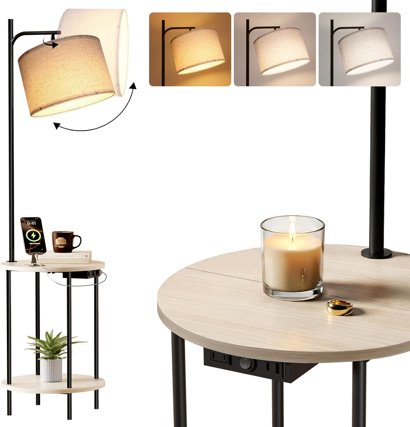 ONEWISH Floor Lamp with Round Table, Side Table for Living Room, Coffee Table with Charging Station (USB/Type-C/AC Port), 3 Color Temperatures, LED Bulb Included, Modern Night Stand for Bedroom, White