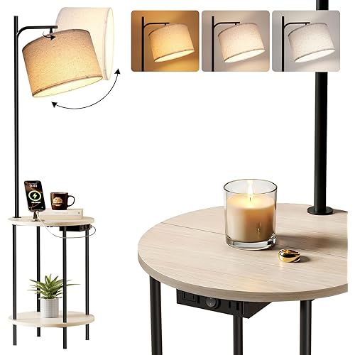 ONEWISH Floor Lamp with Round Table, Side Table for Living Room, Coffee Table with Charging Station (USB/Type-C/AC Port), 3 Color Temperatures, LED Bulb Included, Modern Night Stand for Bedroom, White