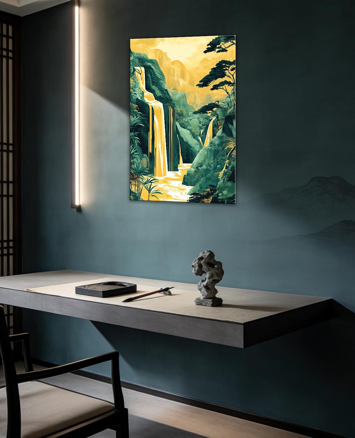 GLOKAKA Waterfall Wall Art Modern Chinese Style Green Gold Landscape Waterfall Pine Tree Painting Prints Elegant Home Decor for Living Room Bedroom(Artwork-3,24"x36")