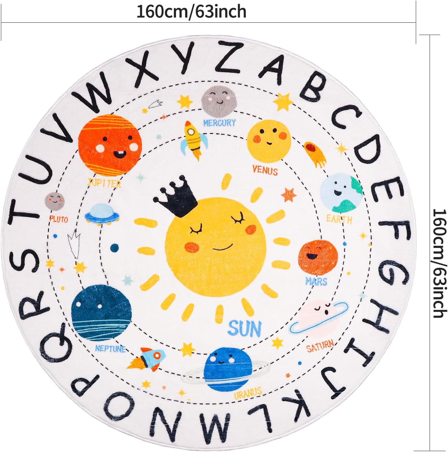 Round ABC Space Kids Rugs,5.2 ft Non-Slip Solar System Alphabet Rugs, Washable Rug, Soft Plush Educational Circle Rug for Classroom playroom Bedroom Kids Room Decor(for Age 2+)