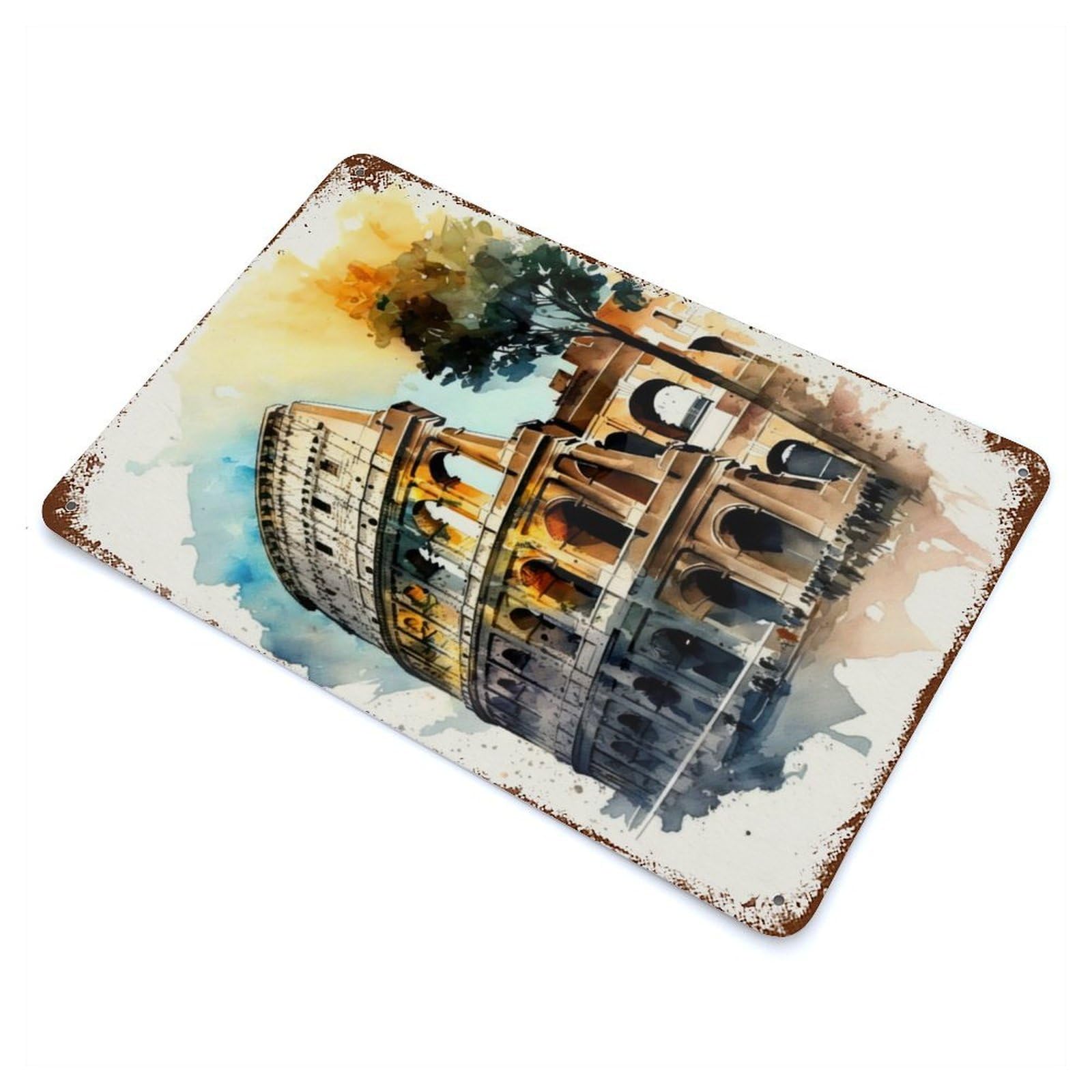 Distressed Metal Wall Sign with Colosseum Charm Watercolor Design 11.8"x7.9", for Farmhouse, Kitchen And Entryway Decor, Old School Wall Decor