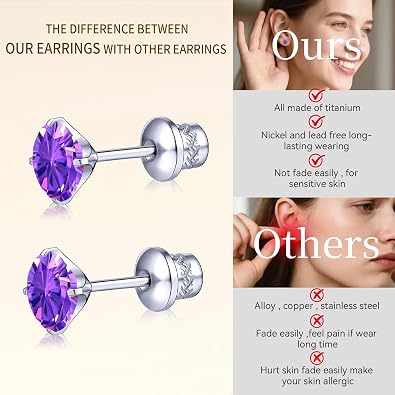 Hypoallergenic Titanium CZ Screw Back Studs Earrings for Women Men