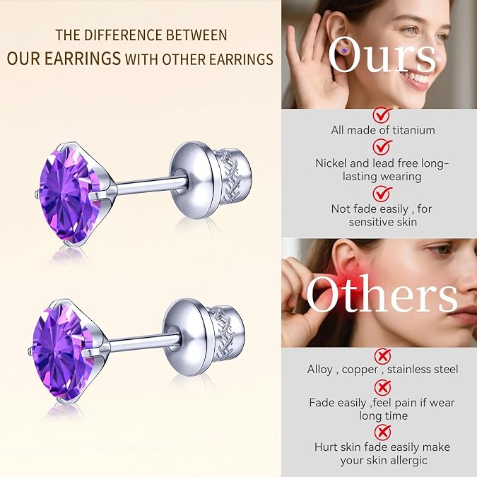 Hypoallergenic Titanium CZ Screw Back Studs Earrings for Women Men