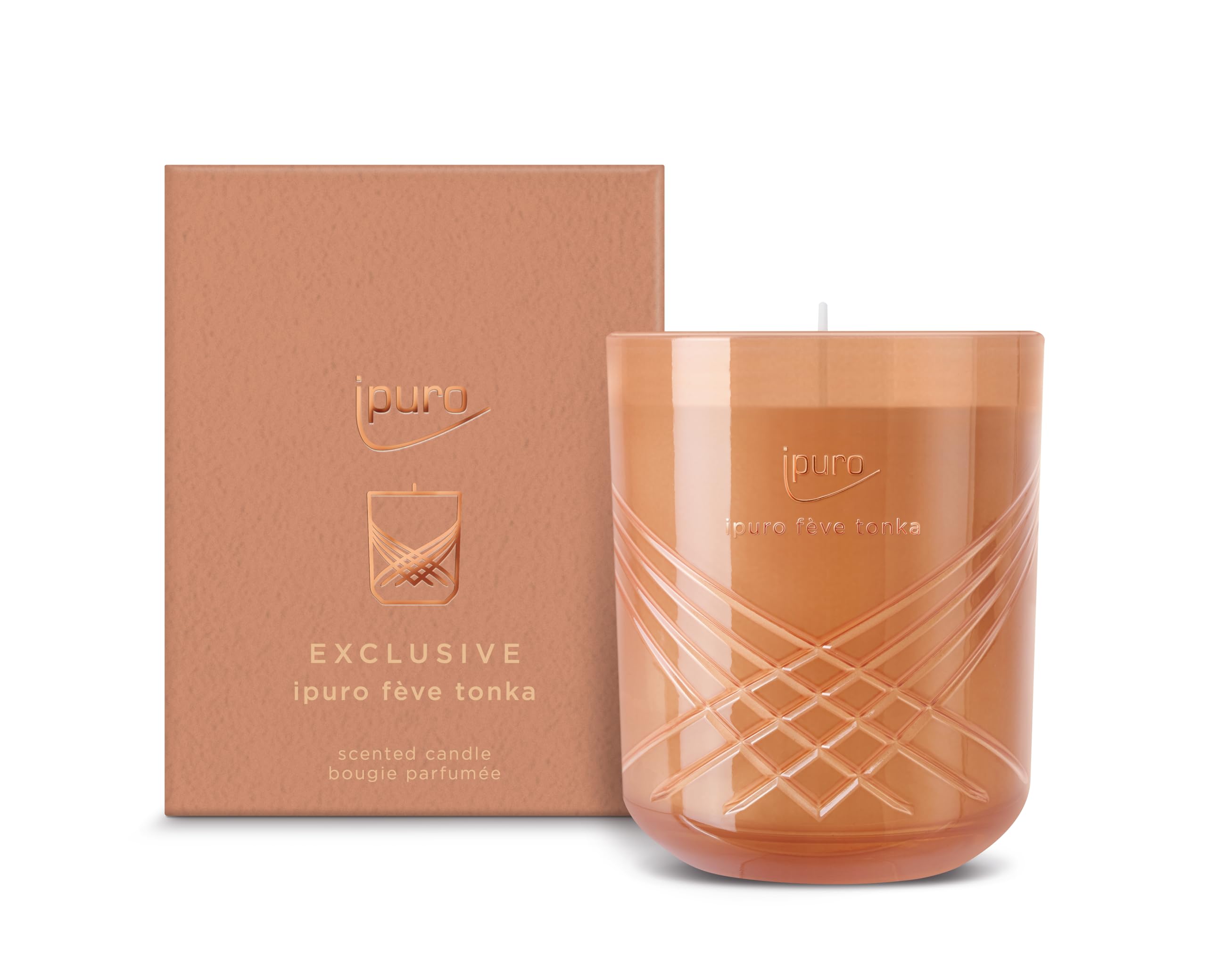 Ipuro Exclusive Elegante vela perfumada FÉVE Tonka con mayor contenido de aceite perfumado | Vela perfumada de en tarro | Vela con vainilla y haba tonka, aroma a rosa y sándalo | Vela perfumada