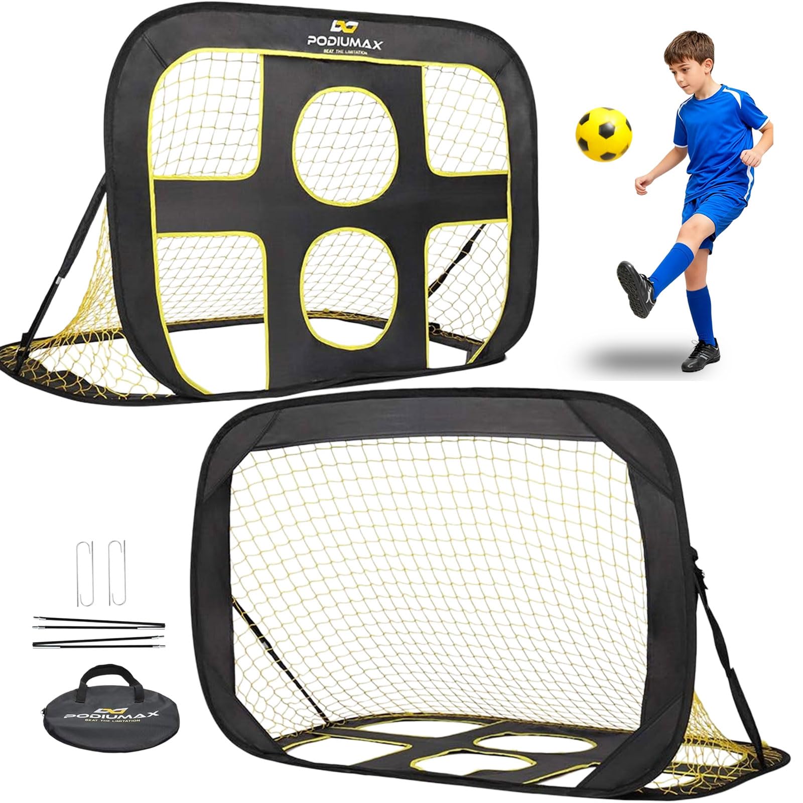 PodiuMax Porta da calcio per bambini 2 in 1, rete da calcio pop up con borsa per il trasporto, per giardino/giardino/esterno/interno, 10 x 2,6 m, facile da installare, durevole porta da calcio per